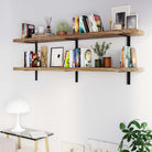 Two 72 inch wall bookshelves arranged symmetrically, styled with books and potted plants, demonstrating their suitability for libraries or stylish home decor setups.
