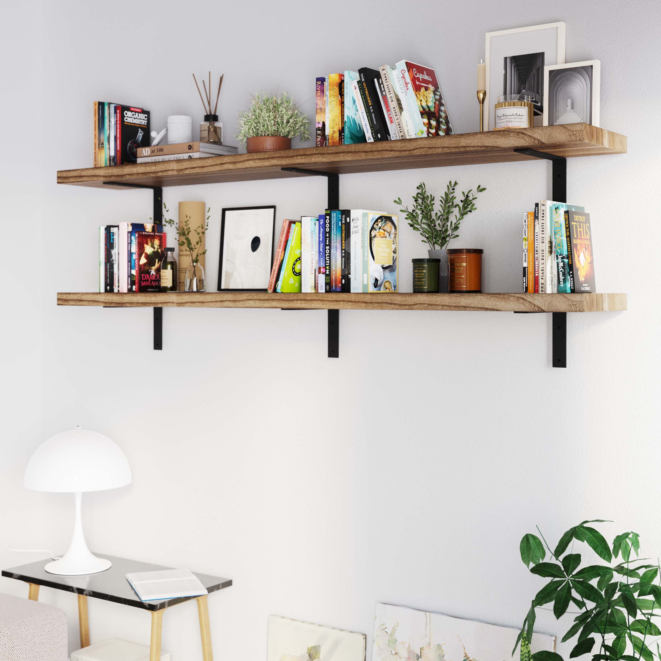 Two 72 inch wall bookshelves arranged symmetrically, styled with books and potted plants, demonstrating their suitability for libraries or stylish home decor setups.