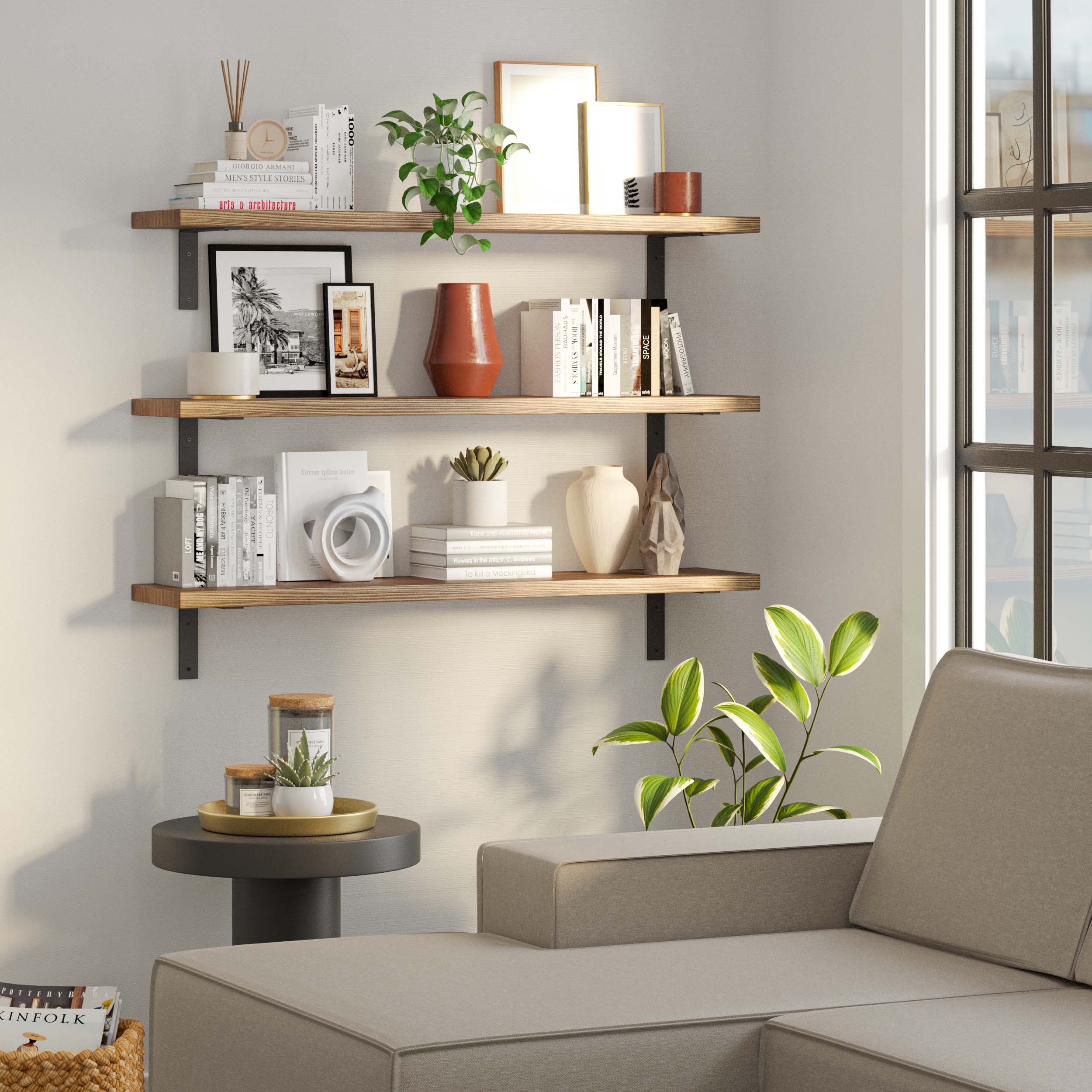 Three-tiered rustic storage shelves for living room decor arrangement, beautifully styled with books, plants, and décor items. Positioned next to a large window, showcasing ample storage and natural light integration.