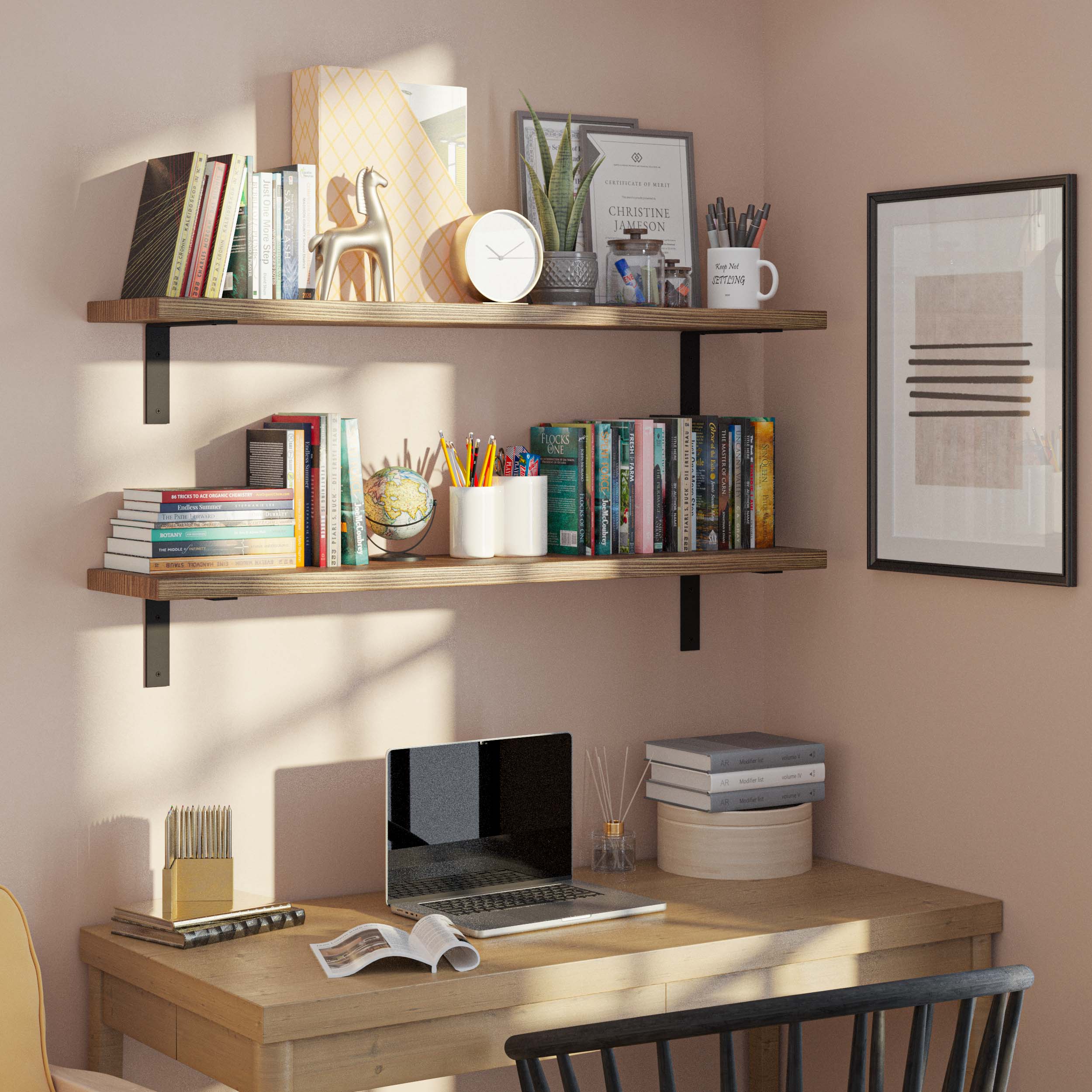 A work-from-home setup featuring two office shelves above a desk, organized with books, office supplies, and decorations. Highlights the practicality and aesthetic appeal for office use.