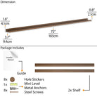 A diagram of a 72-inch walnut wall shelf with dimensions and a content list, including metal anchors and screws.