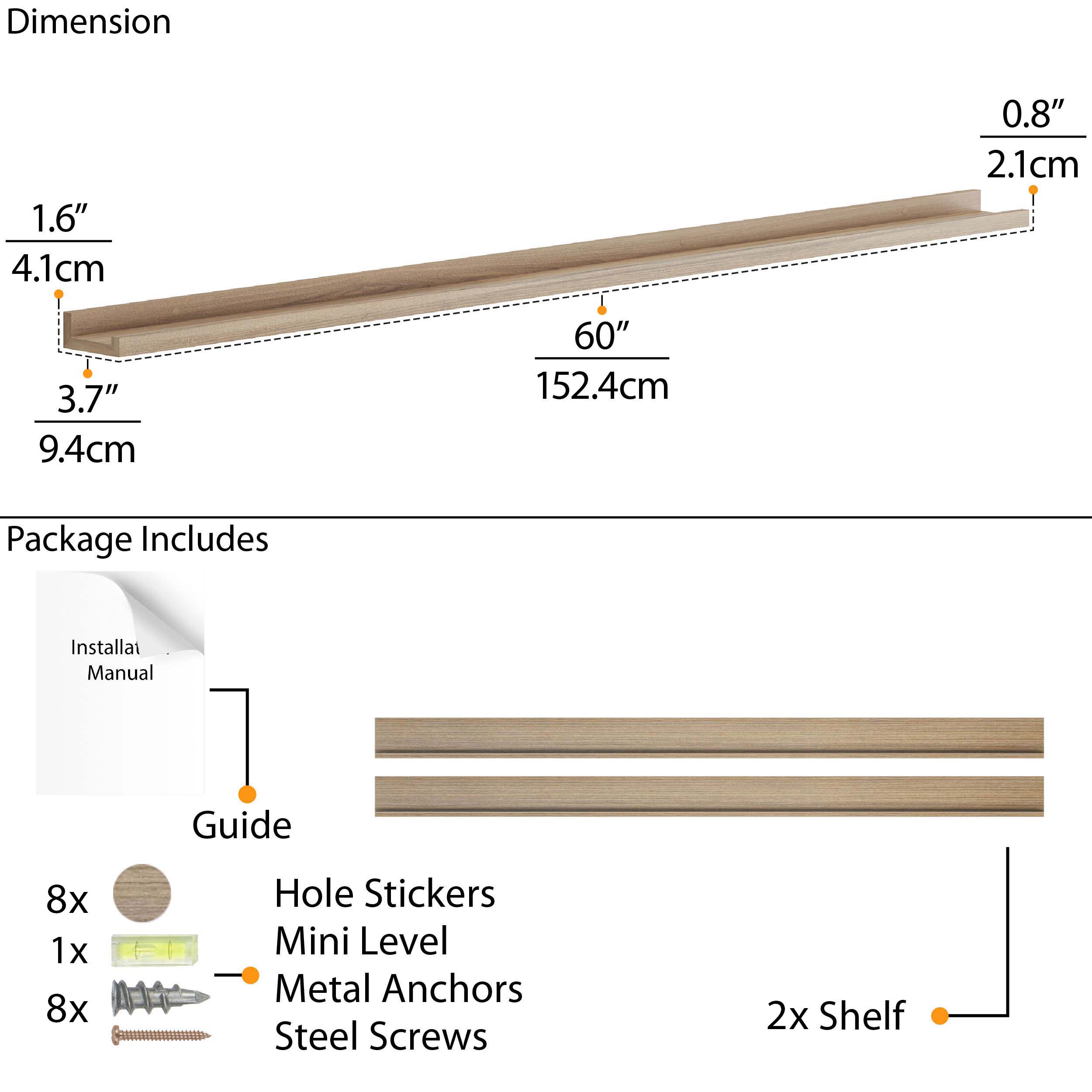 The image displays a 60" (152.4cm) wooden shelf with a depth of 3.7" (9.4cm) and a height of 1.6" (4.06cm). It also includes installation accessories.