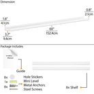 A 60 inch white picture ledge shelf with dimensions labeled, featuring a package that includes installation tools: hole stickers, a mini level, metal anchors, steel screws, and a user guide.