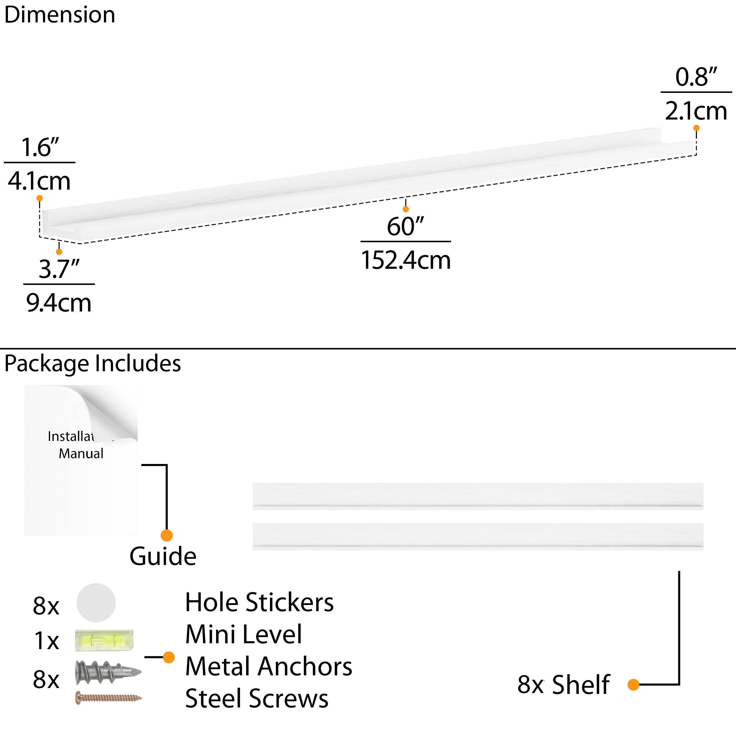 A 60 inch white picture ledge shelf with dimensions labeled, featuring a package that includes installation tools: hole stickers, a mini level, metal anchors, steel screws, and a user guide.