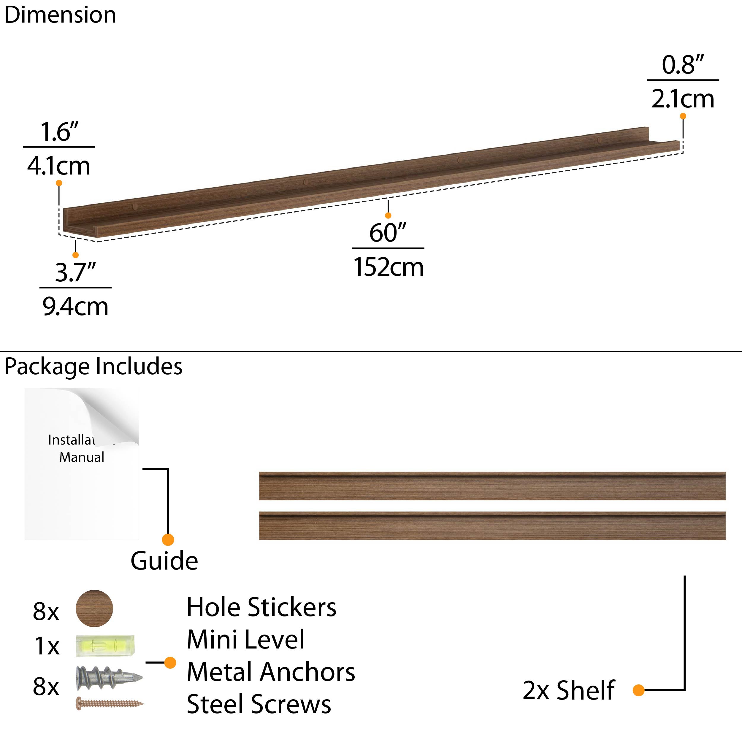 A 60" picture ledge shelf's dimensions and included installation accessories.