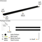 Technical specifications of a 72" black wooden wall shelf, including dimensions and components for installation.