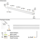 Technical specifications of a 72" white wooden wall shelf, including dimensions and components for installation.