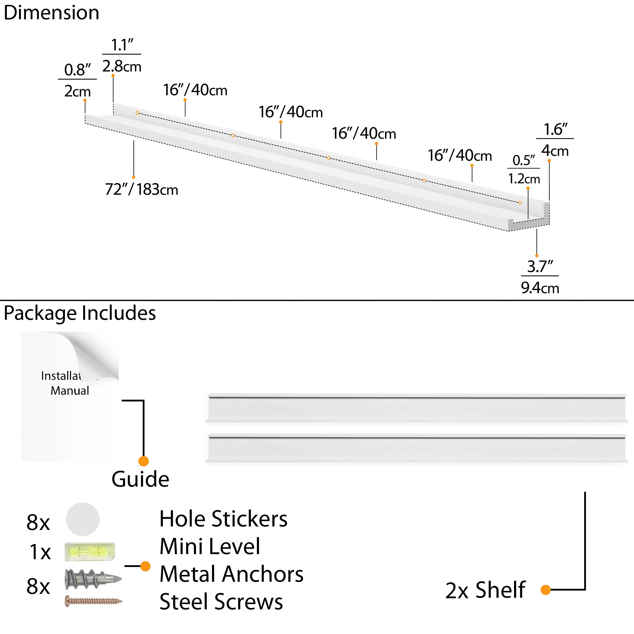 Technical specifications of a 72" white wooden wall shelf, including dimensions and components for installation.