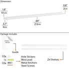 Diagram of 84'' shelf white dimensions and contents of installation package with tools and hardware.