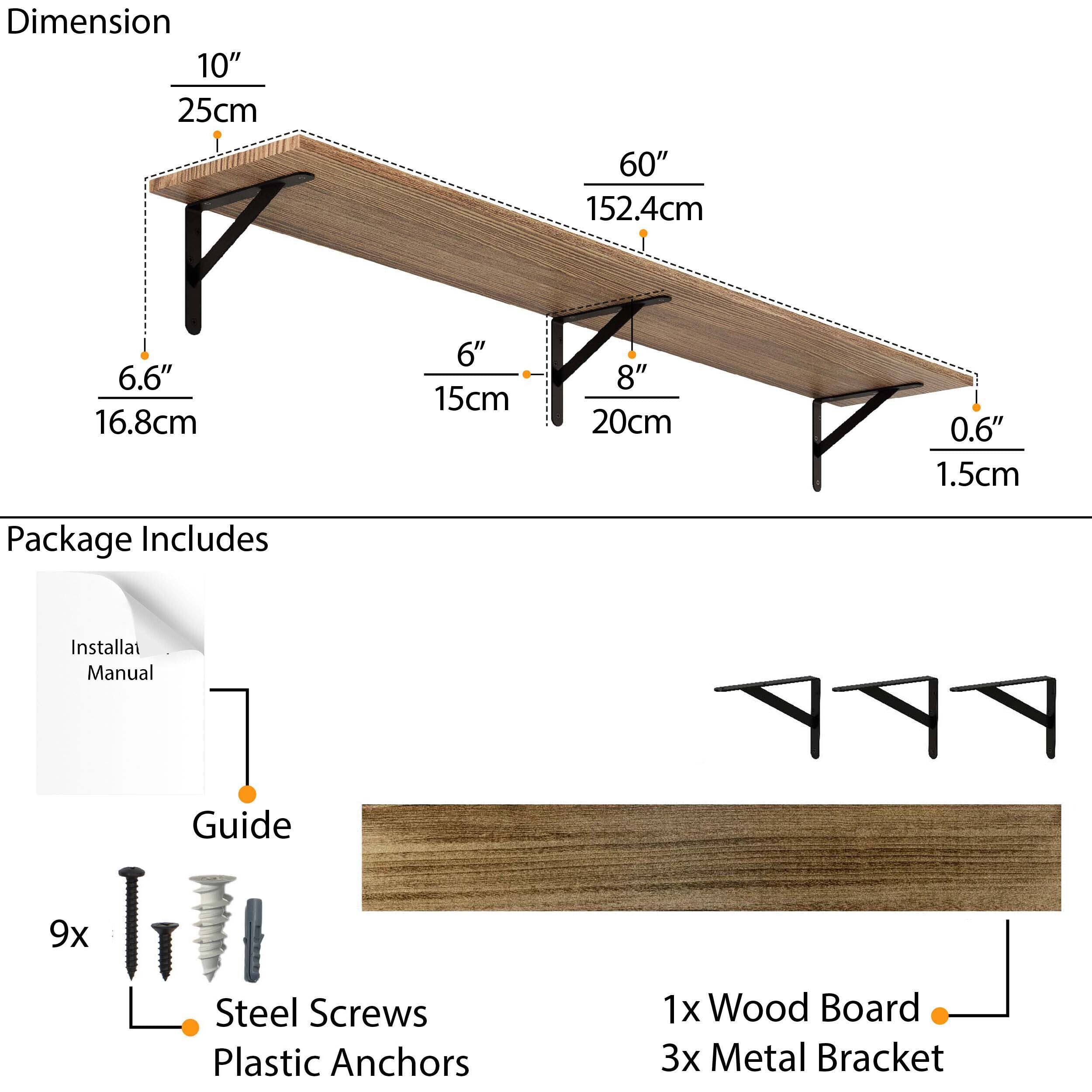A 60" floating wall shelf with dimensions displayed, including three metal brackets for secure mounting. Package includes screws, anchors, and installation guide, ensuring a strong, easy setup.