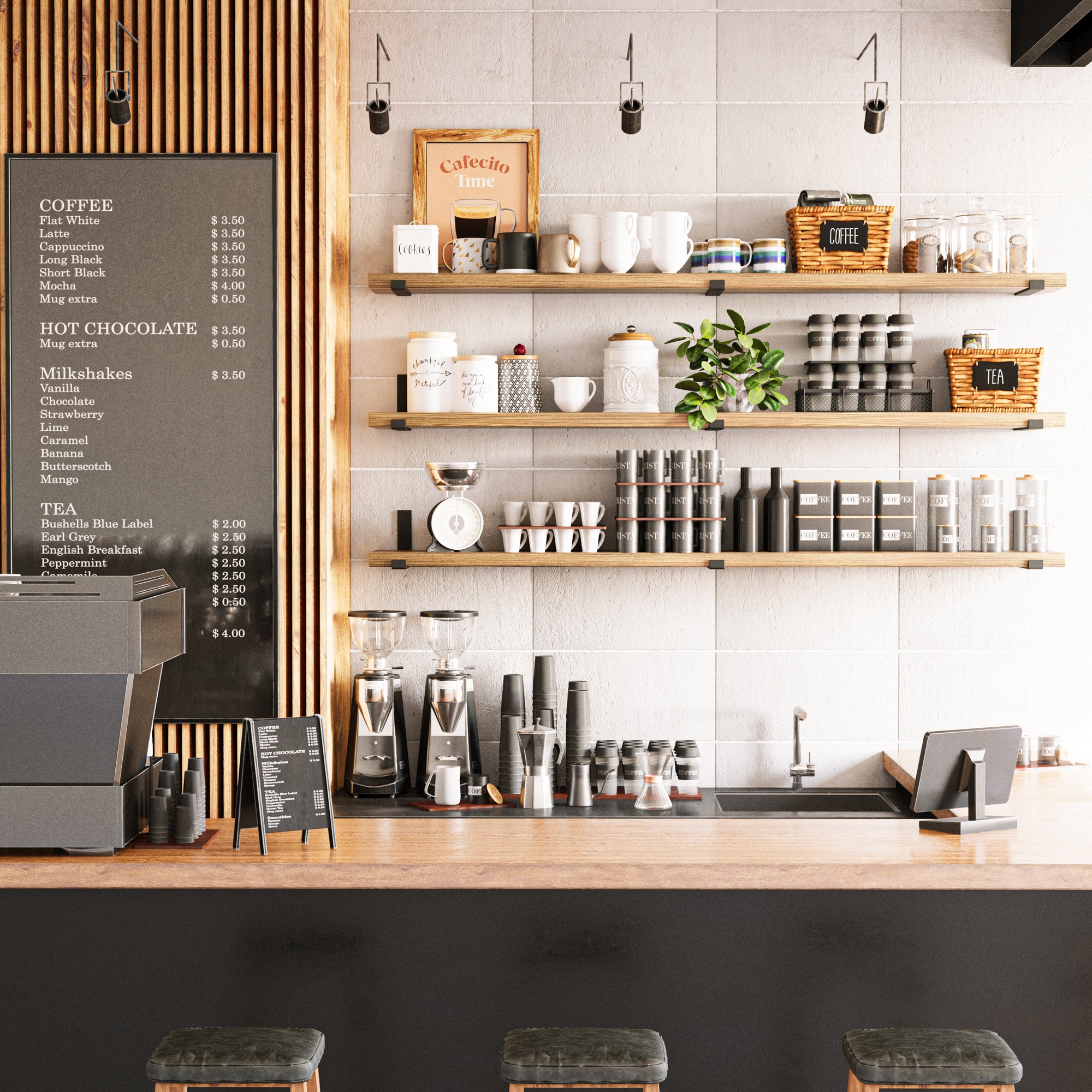 Perfectly organized long storage shelves hold mugs, tea, coffee, and accessories, complementing a warm and inviting cafe environment.
