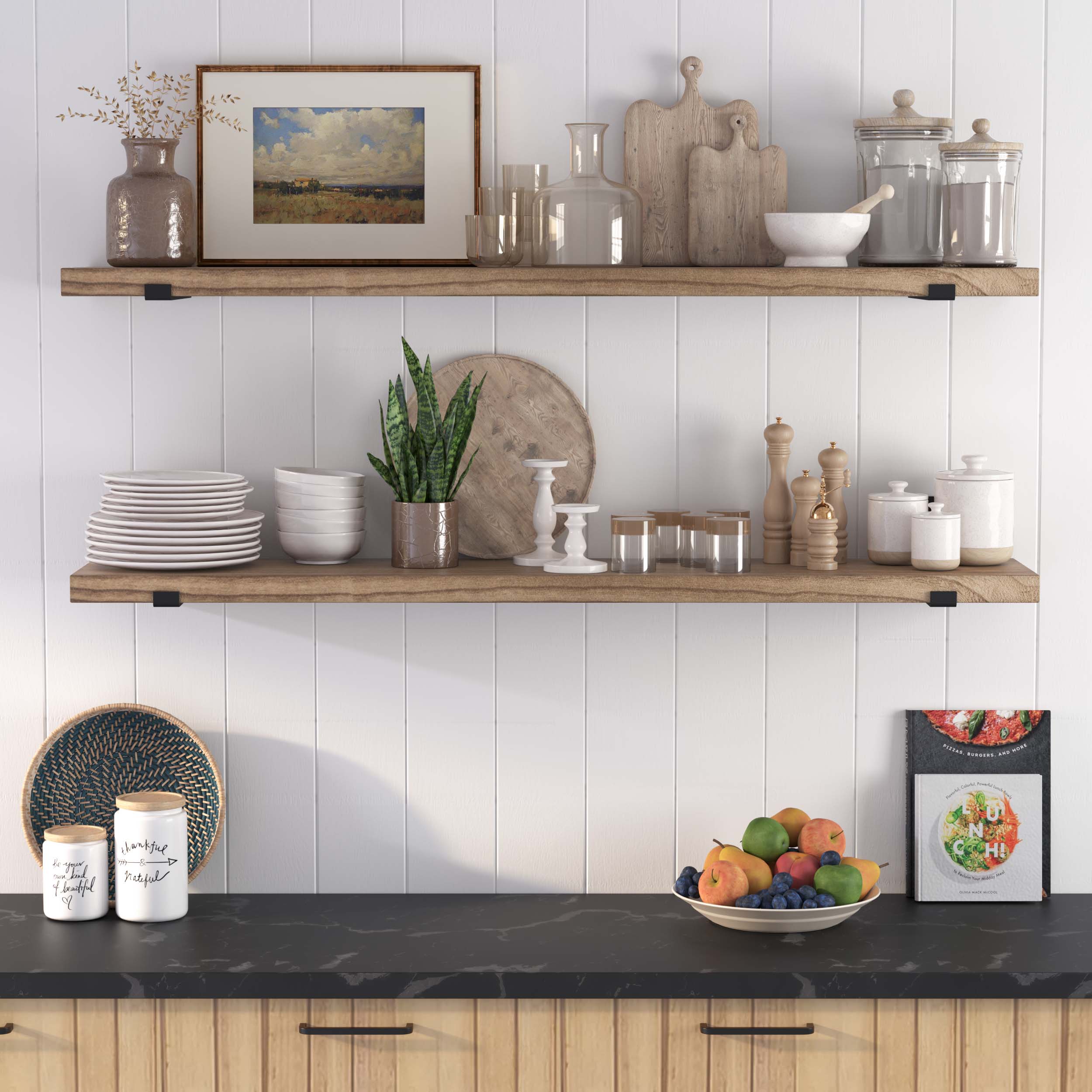 Two rustic long wooden shelves against a white panel wall, showcasing plates, jars, plants, and decorative elements, adding a farmhouse touch to the kitchen decor.