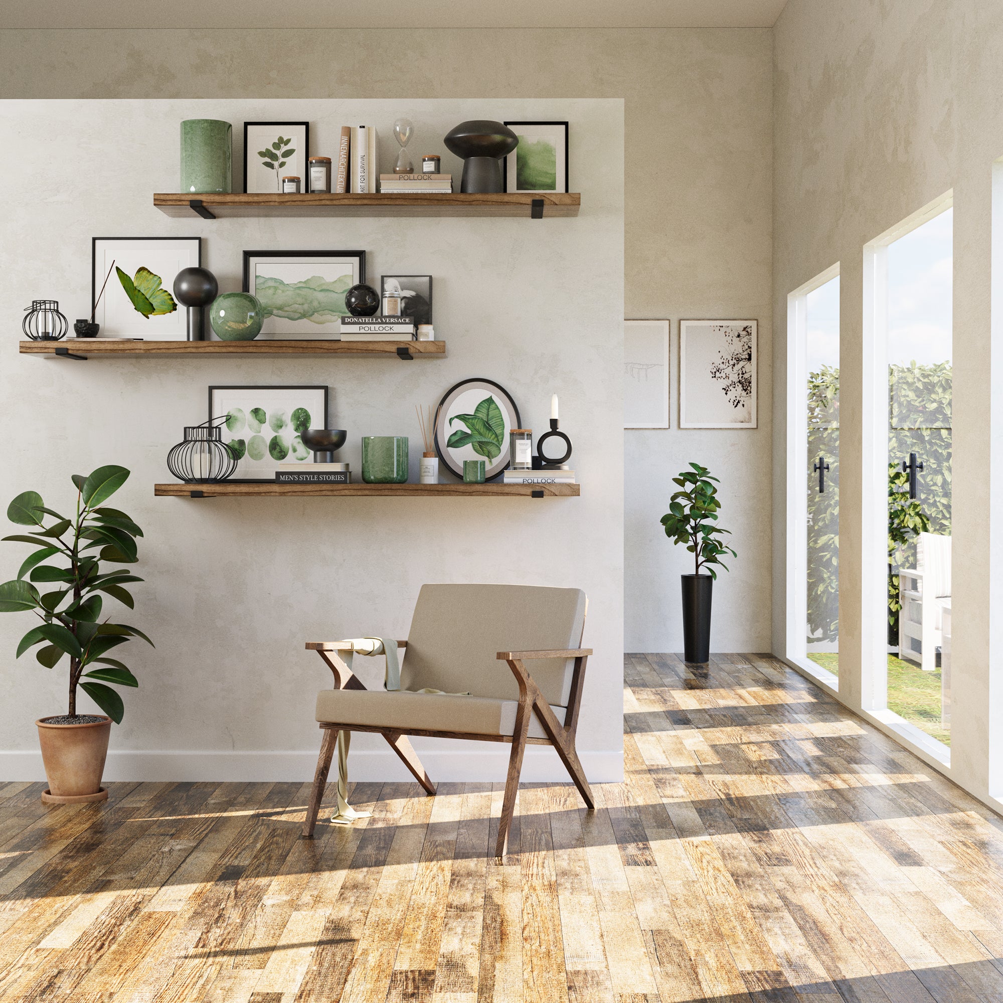 A minimalist room with three floating shelves adorned with plants, framed art, and decor. The shelves enhance the natural, earthy aesthetic of the space.
