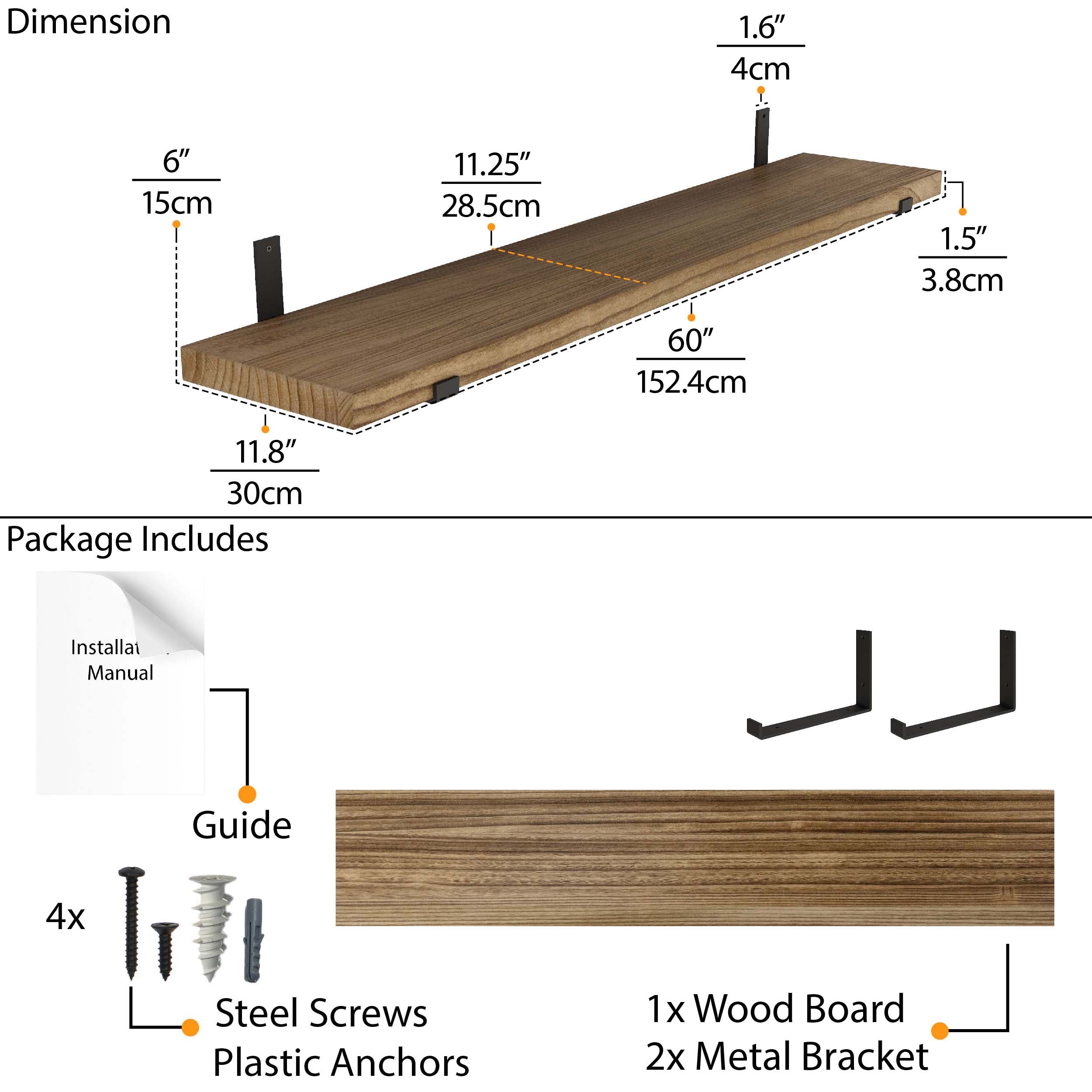 A 60"x11.8"x1.5" wooden shelf with metal brackets, showing precise measurements. The package includes an installation manual, 4 screws, 4 anchors, 1 wood board, and 2 metal brackets.