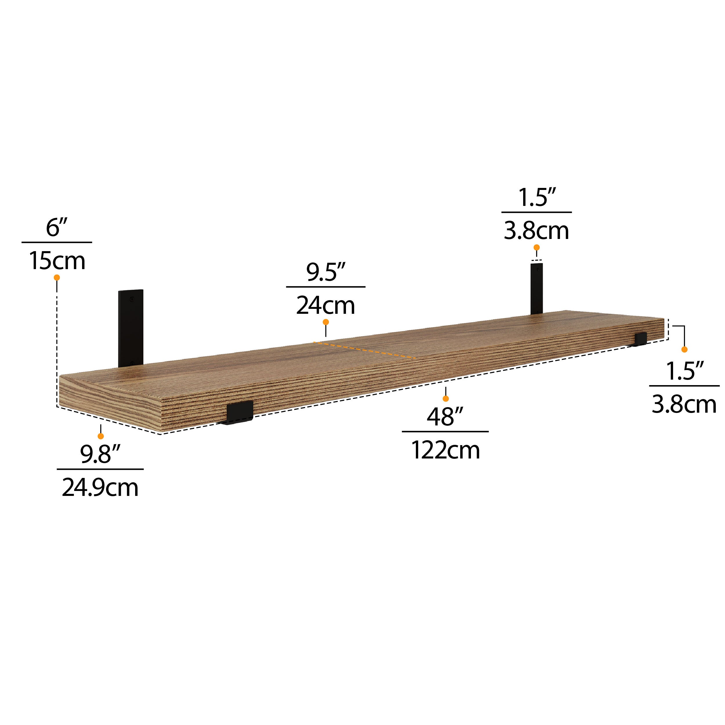 Measurements of a 48'' rustic wooden shelf with black bracket details.