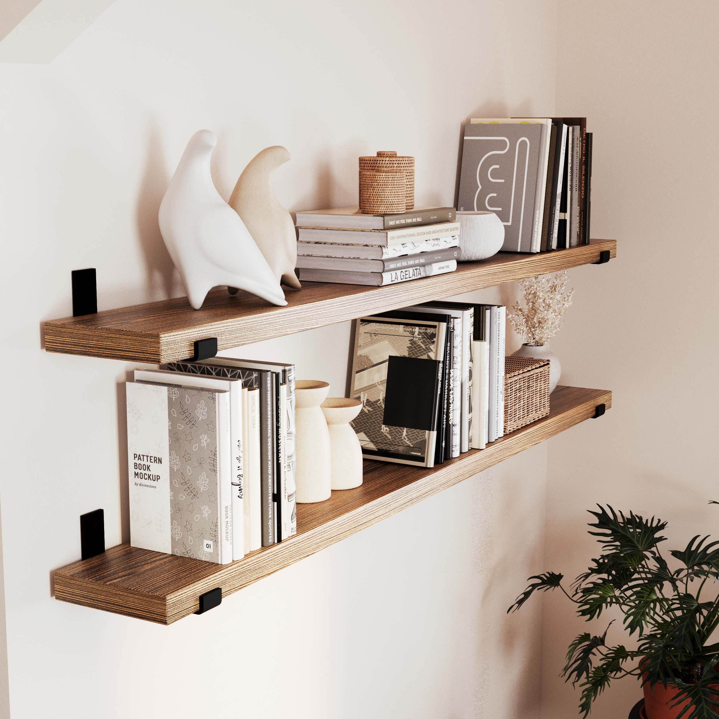 Two rustic floating book shelves for wall showcasing a mix of vintage decor and books. Ideal for adding a stylish and organized touch to your home office or living space.
