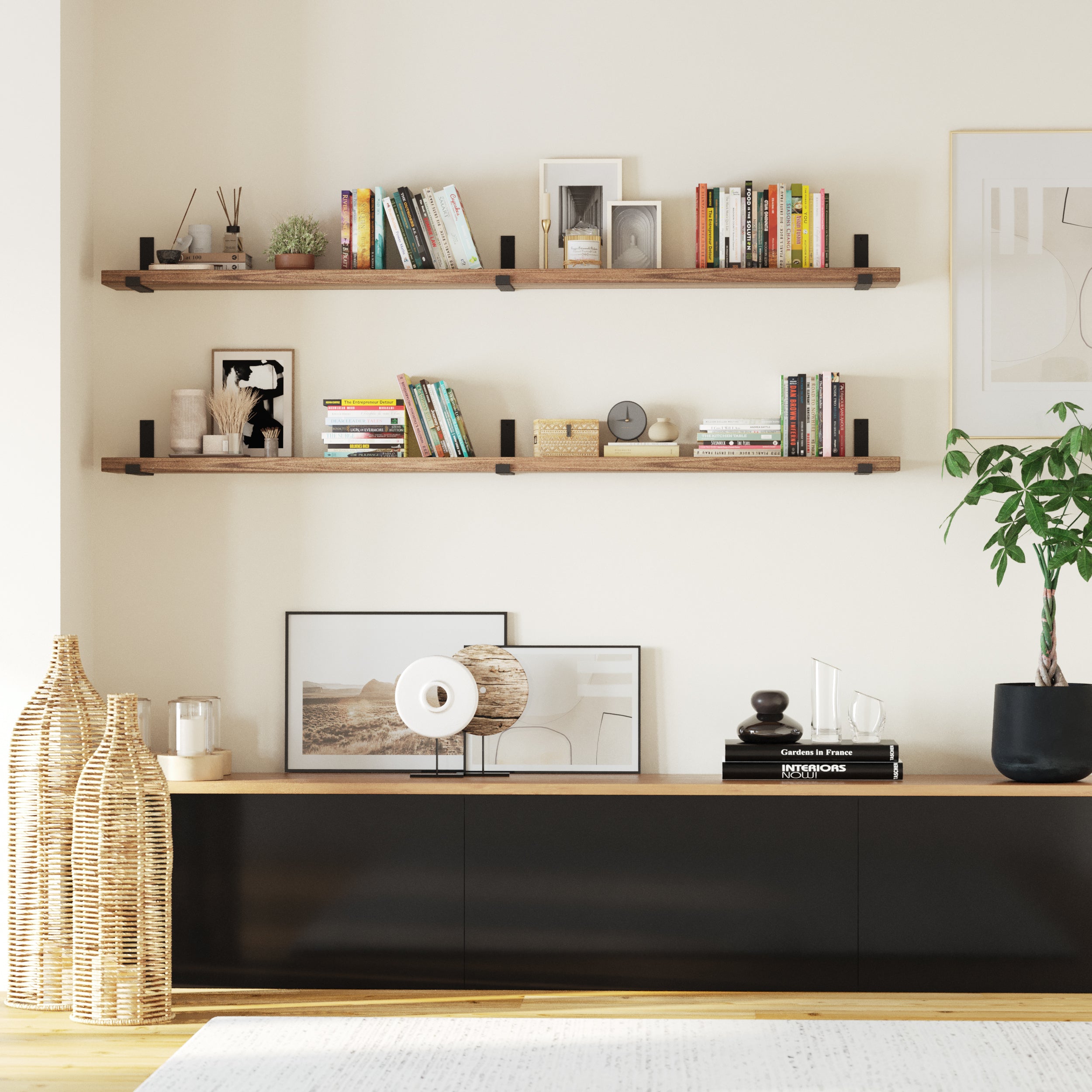 Two 84 inch long rustic bookshelves filled with books, decor, and plants create a sophisticated and functional focal point in your living room.
