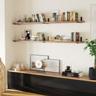 Two long wall bookshelves filled with books, decor, and plants create a sophisticated and functional focal point in your living room.