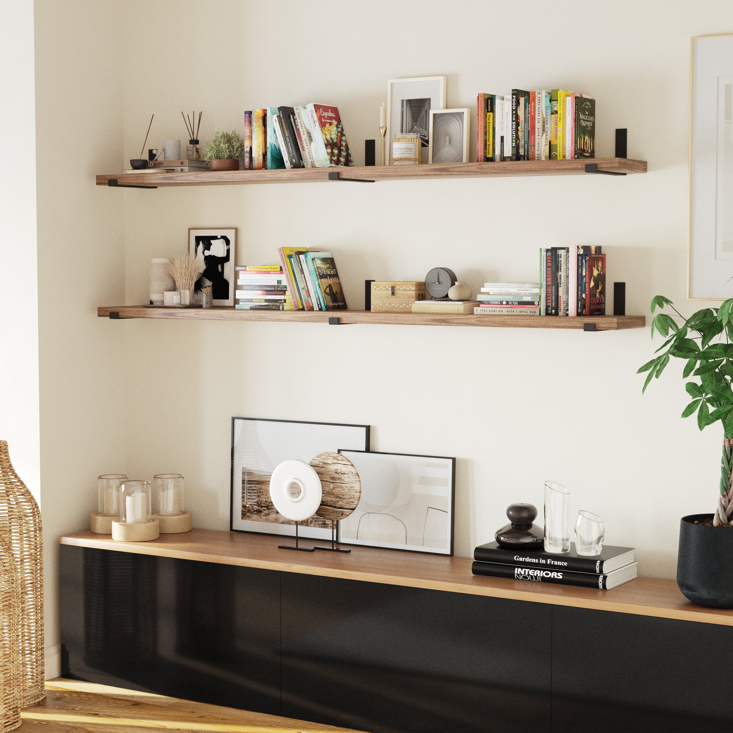 Two long wall bookshelves filled with books, decor, and plants create a sophisticated and functional focal point in your living room.