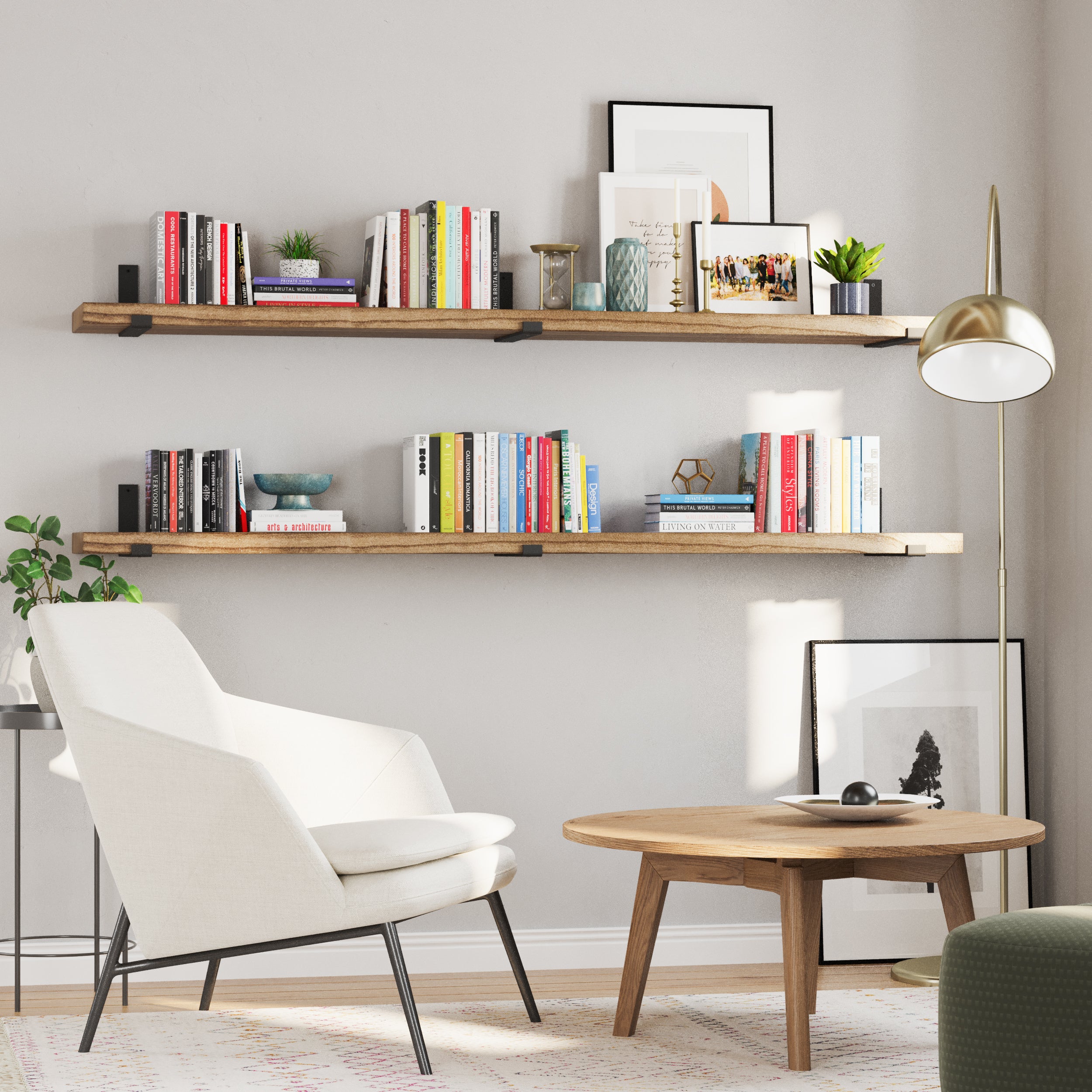 Two wooden living room shelves in a living room, styled with books and decorative accents, adding a modern touch.