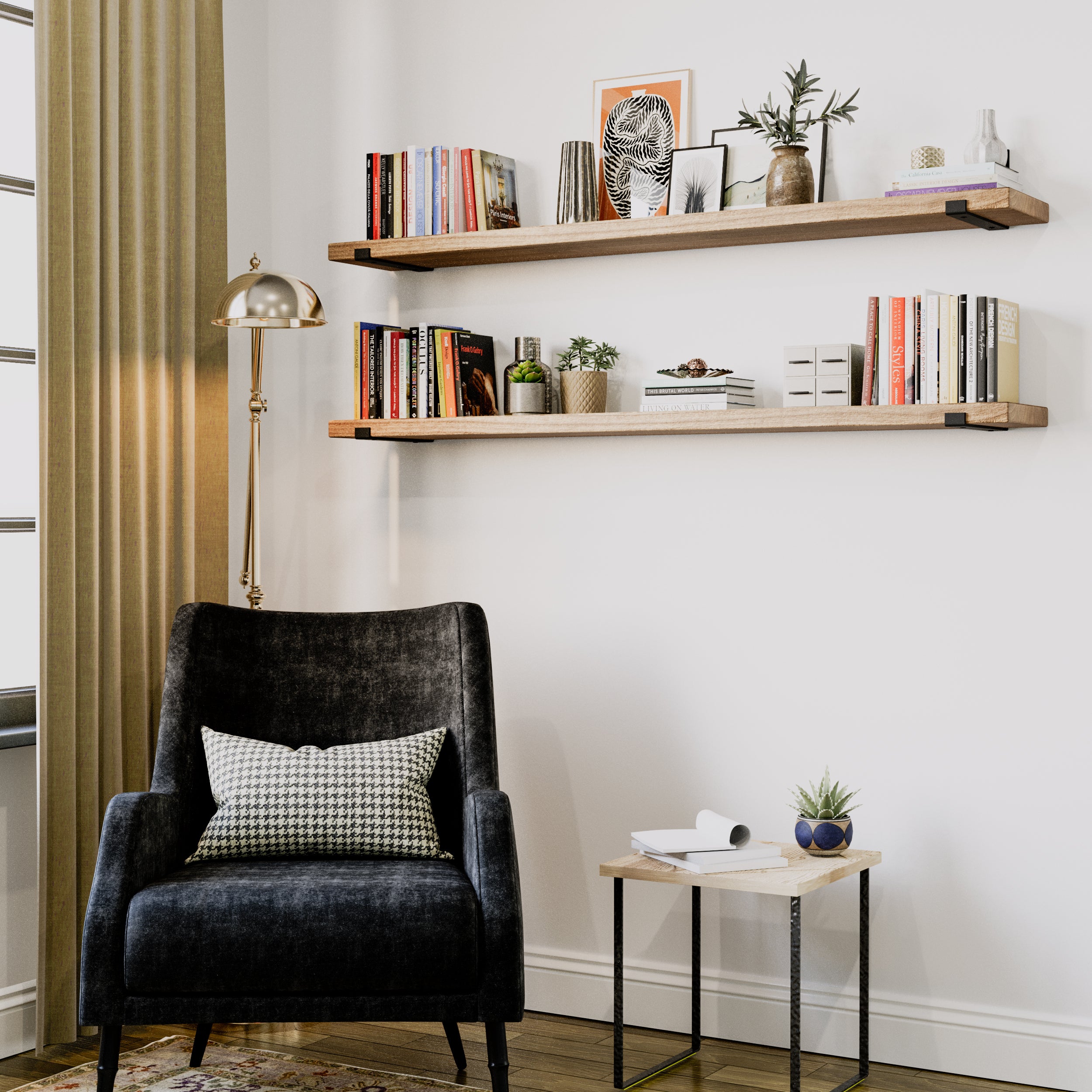 Two rustic display shelves with books and small decorative elements, positioned above a cozy reading chair.