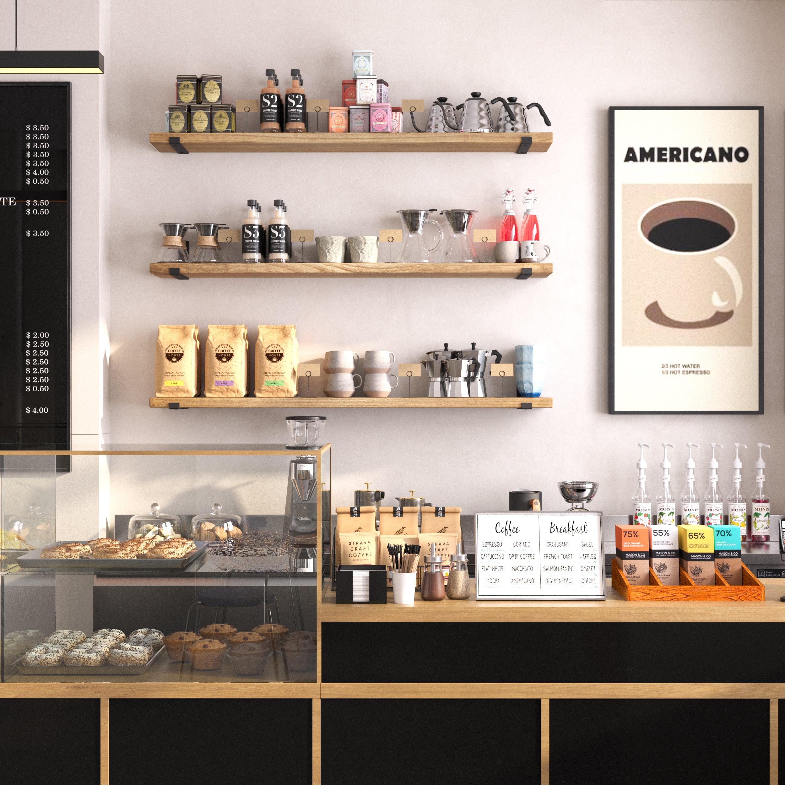 Wooden coffee bar shelves mounted in a café, storing coffee beans, jars, and brewing equipment.