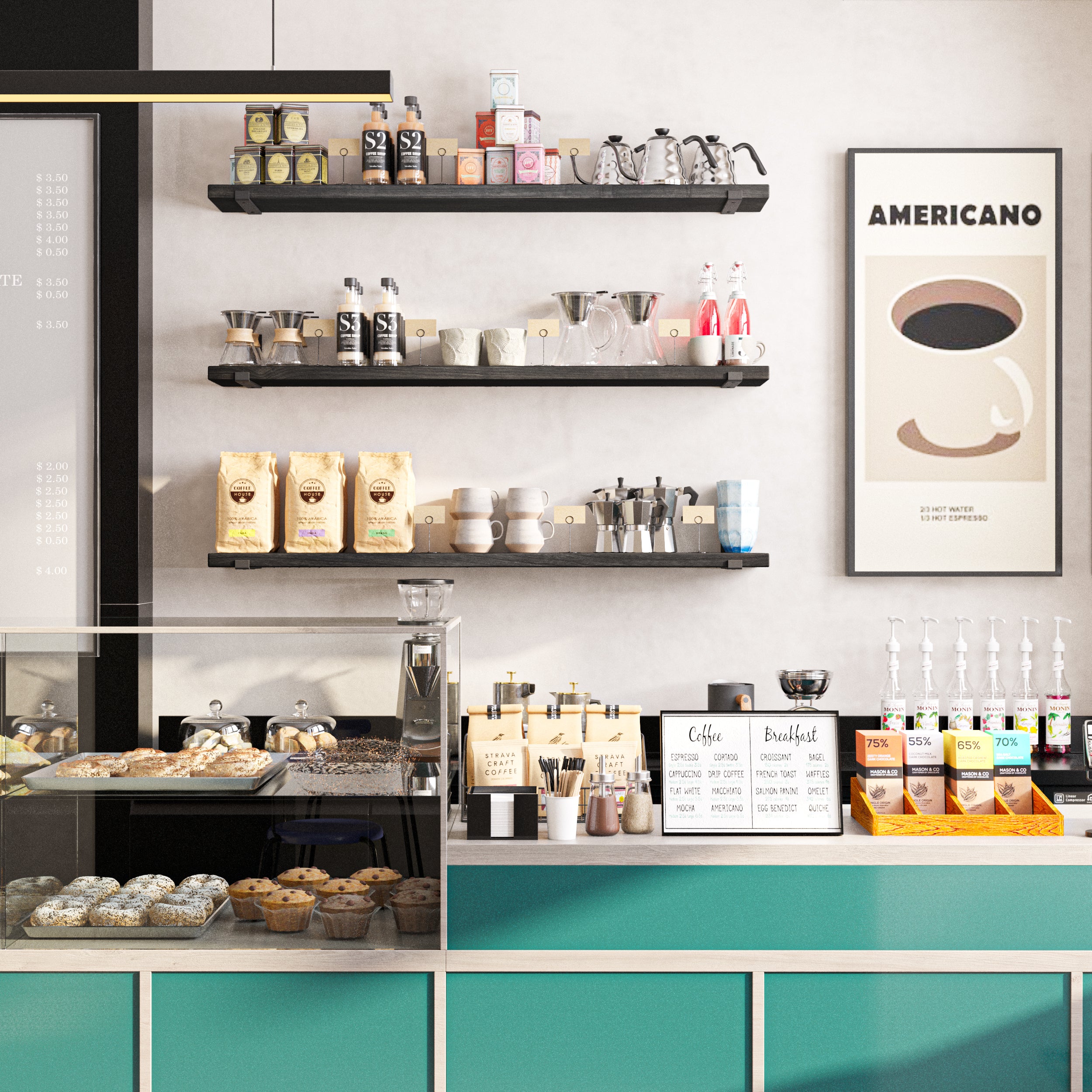 Floating wall shelves displaying coffee-related items, glass jars, and decor in a stylish café with a teal counter.