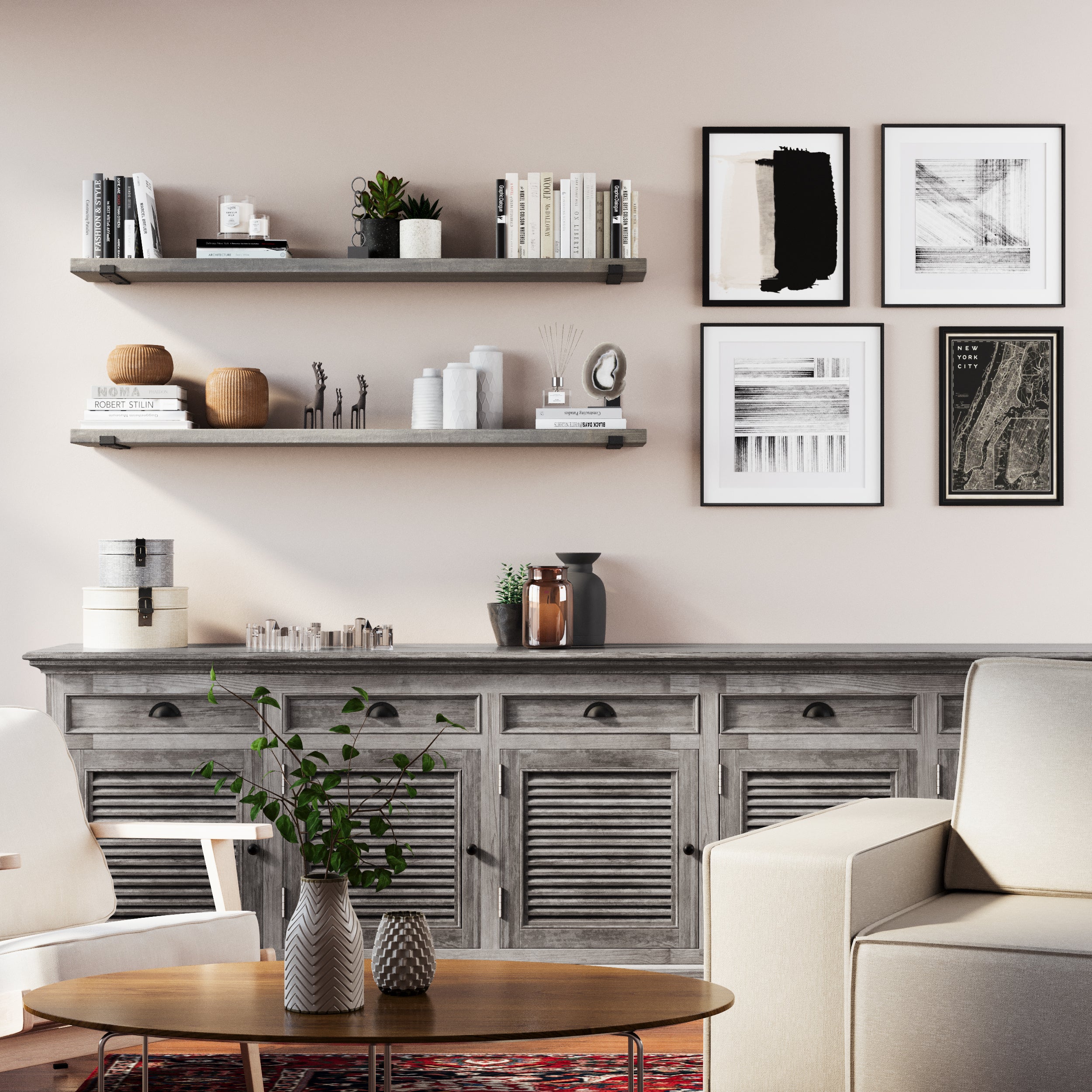 A pair of "Classic Gray" display shelves above a gray console in a stylish living room. The living room shelves are adorned with books, vases, and sculptural decor. Framed black-and-white artwork hangs beside them.