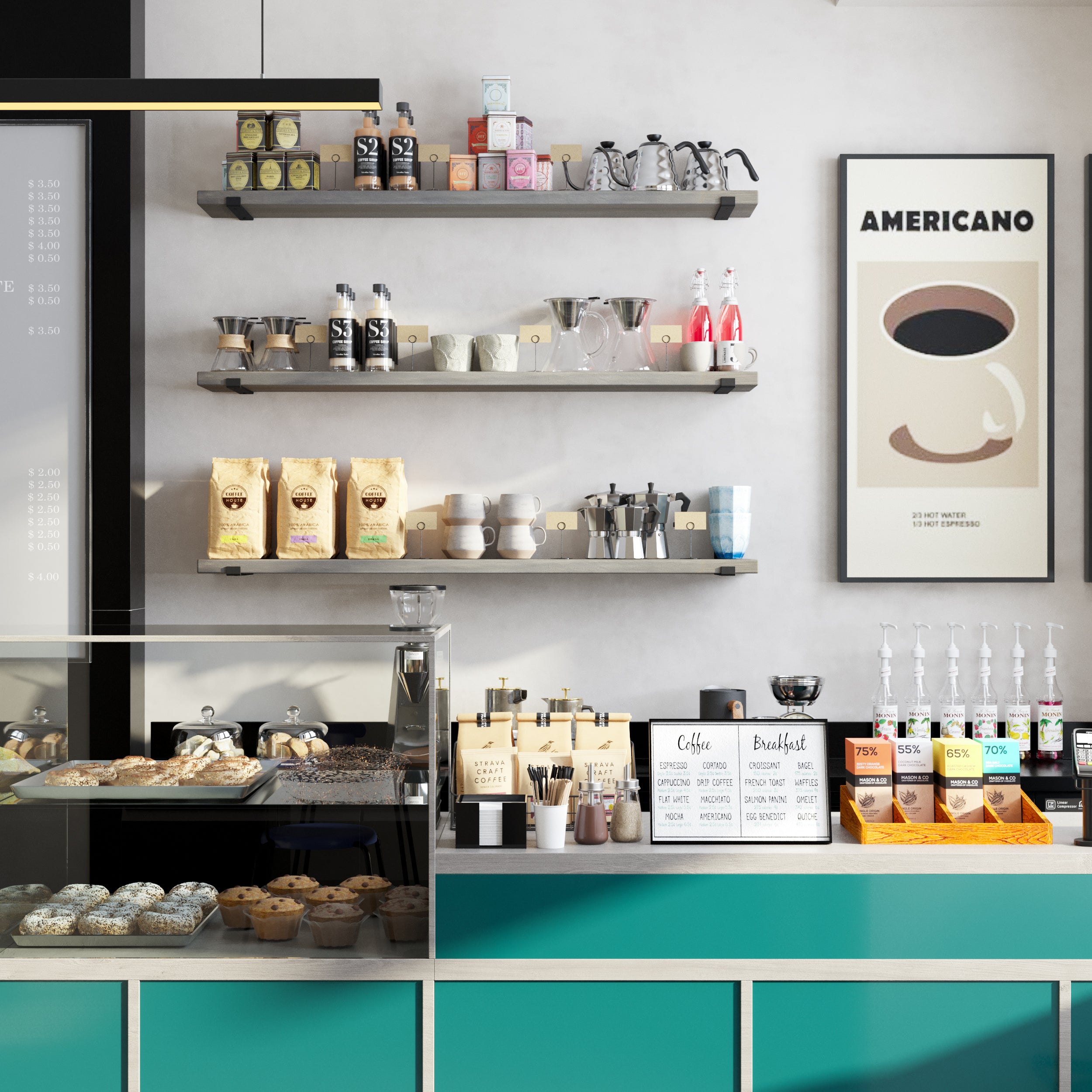 A "Classic Gray" coffee bar shelf set in a coffee shop. The shelves display coffee bags, brewing equipment, and stylish decor. The green and black cafe counter below adds contrast.