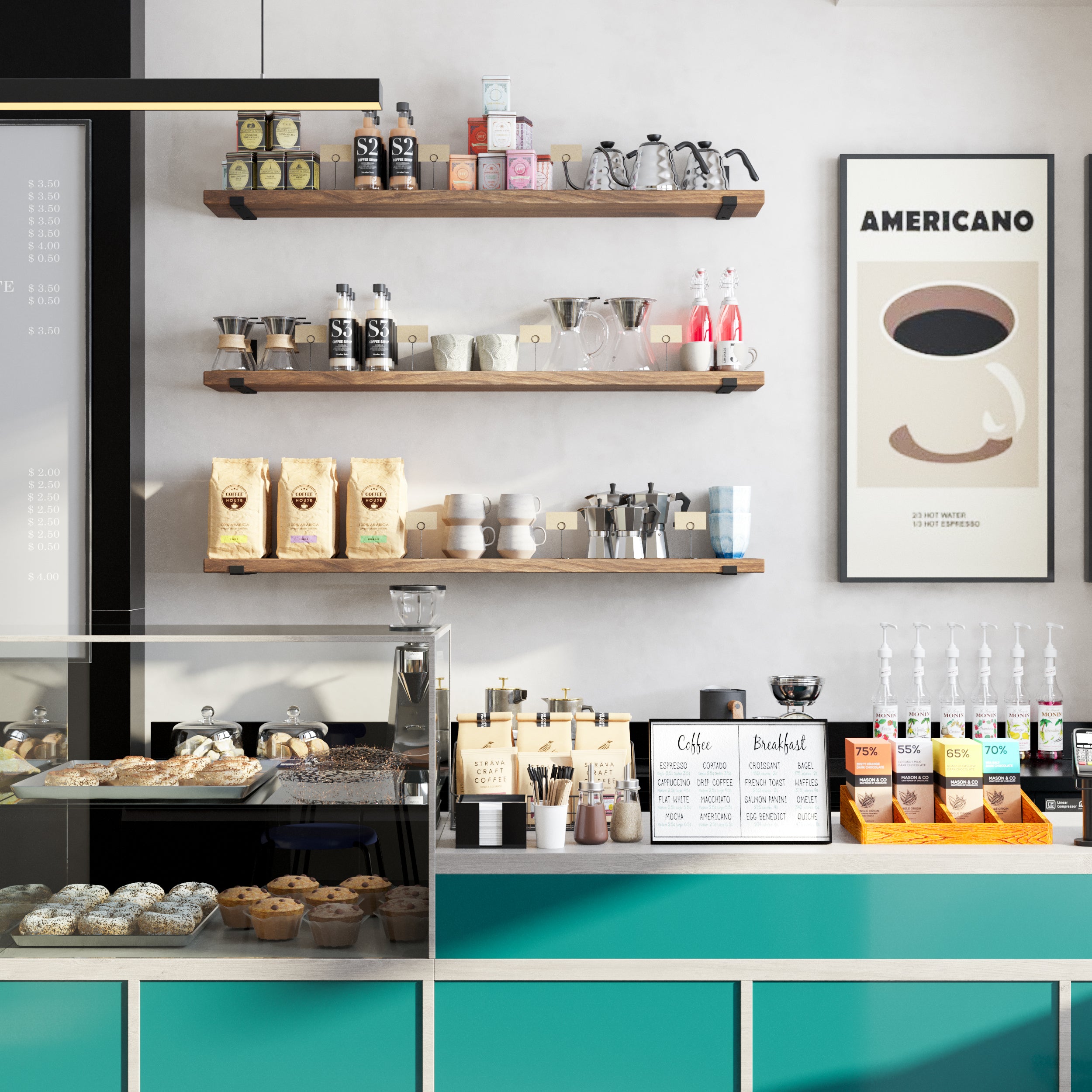 Three wooden coffee bar shelves in provincial finish hold coffee-related items like bags of beans, cups, and accessories, enhancing a stylish café counter.