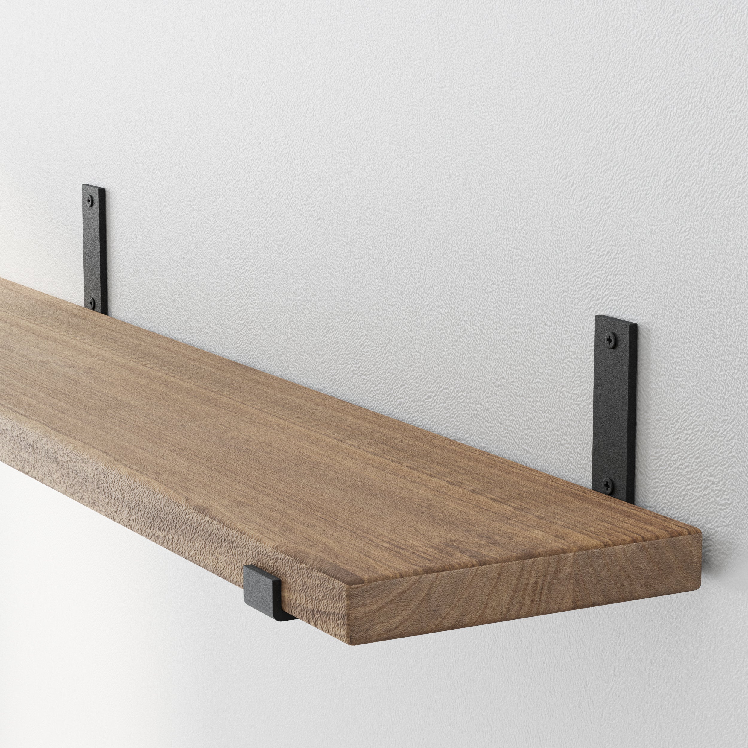 Special walnut solid wood shelf reveals its wood texture and sturdy matte black metal brackets, showcasing the product’s material and build quality.