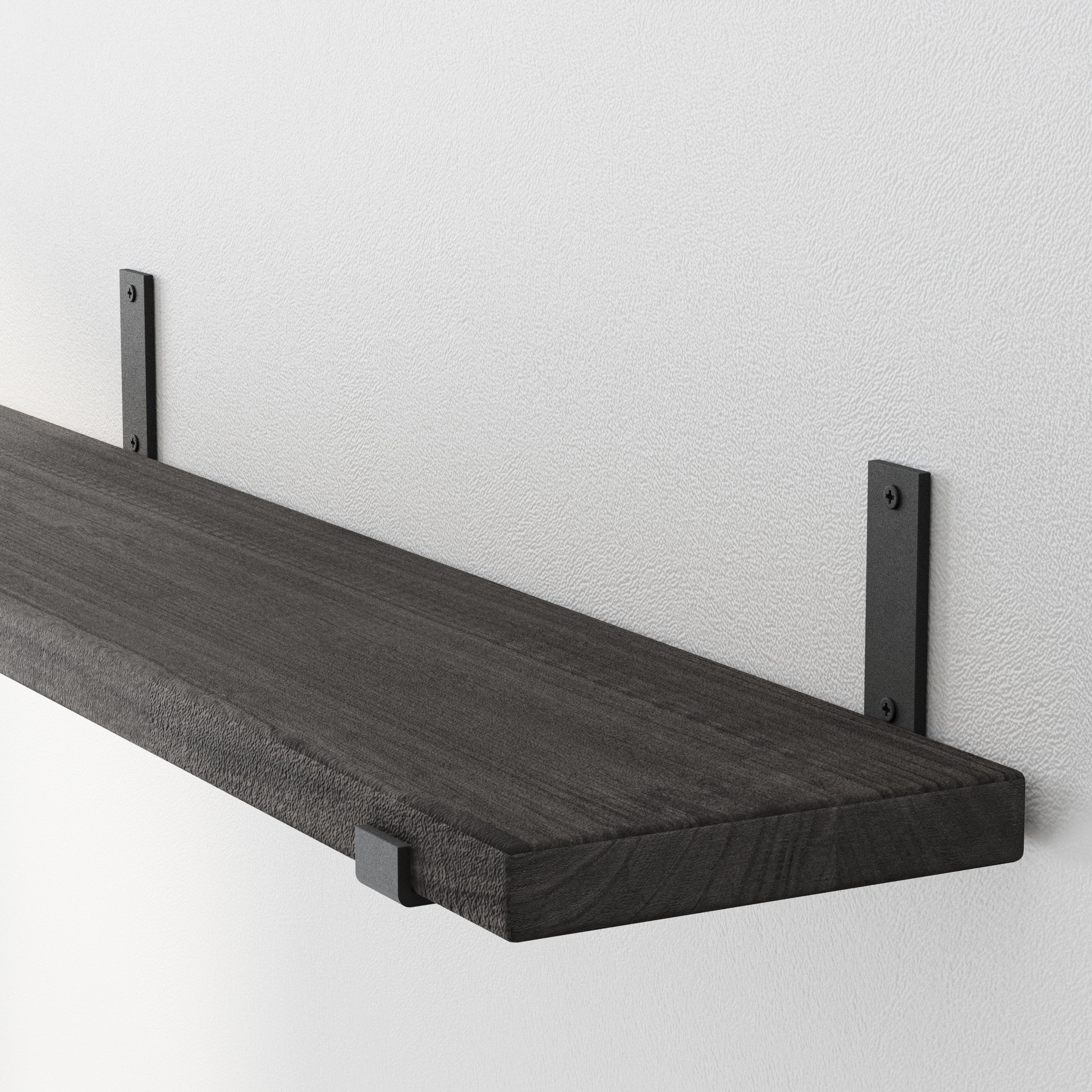 Ebony living room shelf with black L-shaped metal brackets, showing sturdy support and rustic wood grain for modern industrial charm.