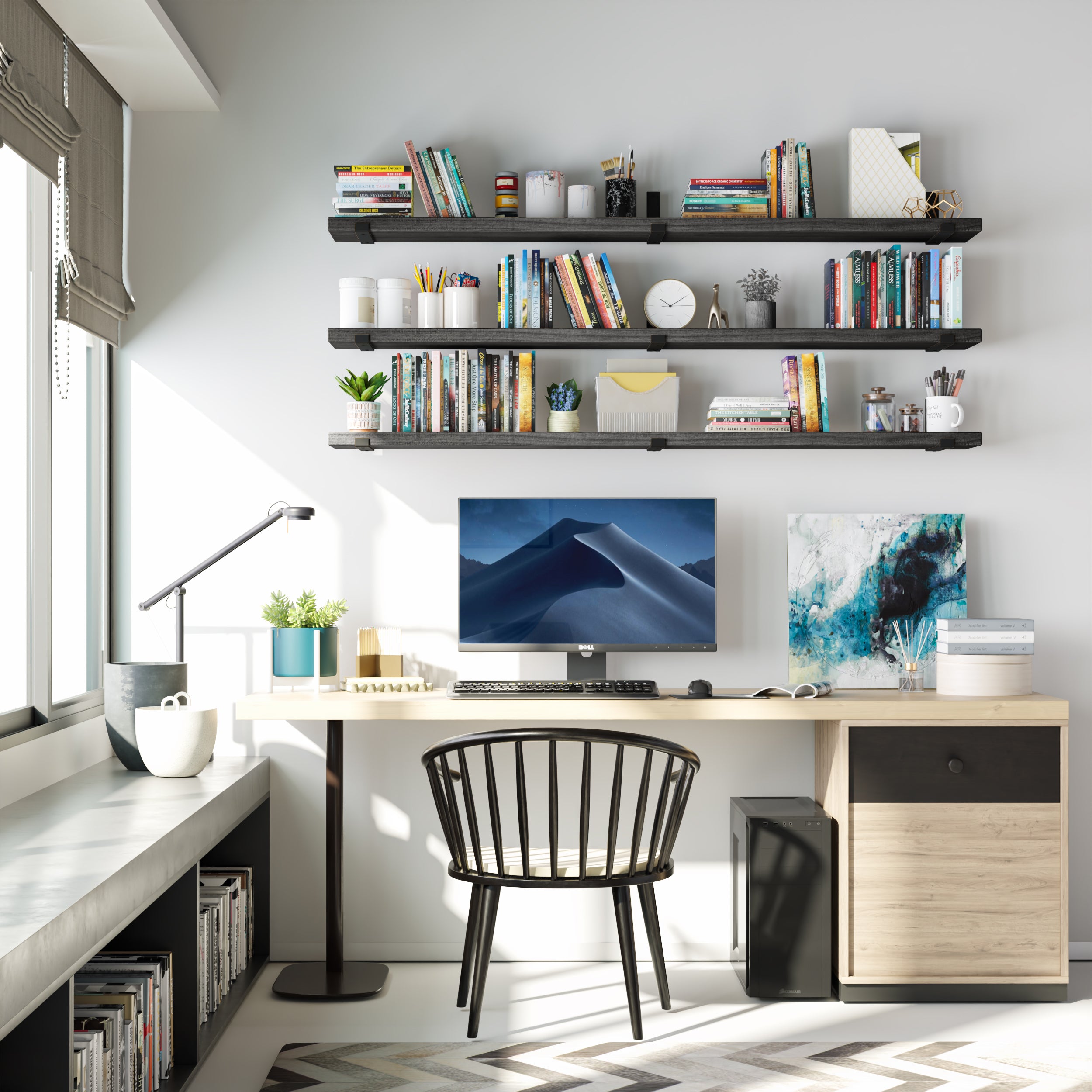Triple long office shelves used in a bright home office to organize books and accessories. Paired with a light wooden desk for a balanced, productive environment.