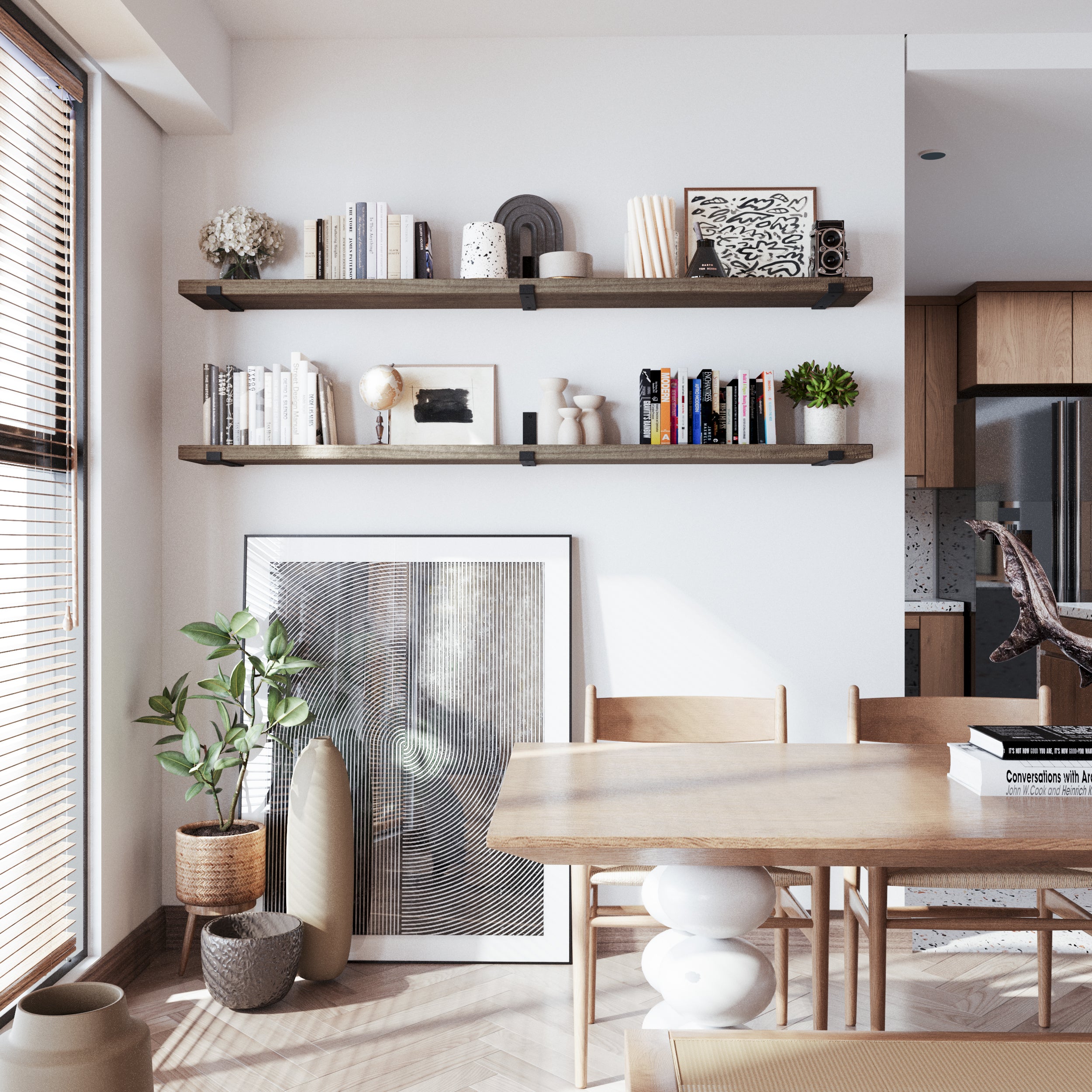 Dual wall-mounted Dark Walnut shelves accent a dining space with modern contrast. Styled with books, ceramics, and framed art, they bring natural texture and functional beauty to the dining area.