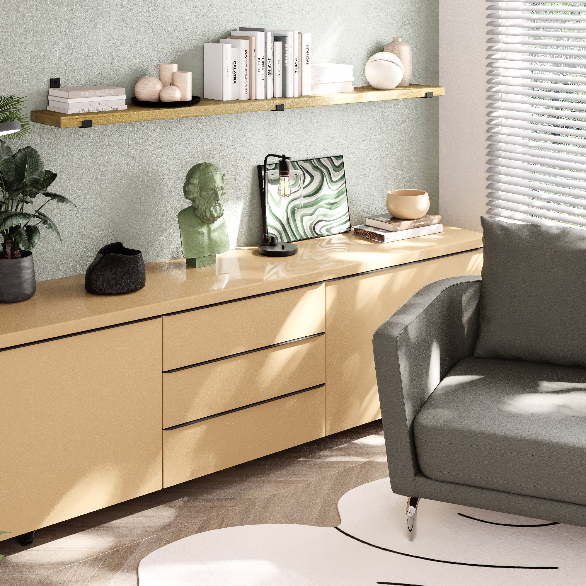 Long boho shelf in a rich golden oak finish above a minimalist beige console. The contrast between wood tones and soft furnishings enhances room texture and depth.
