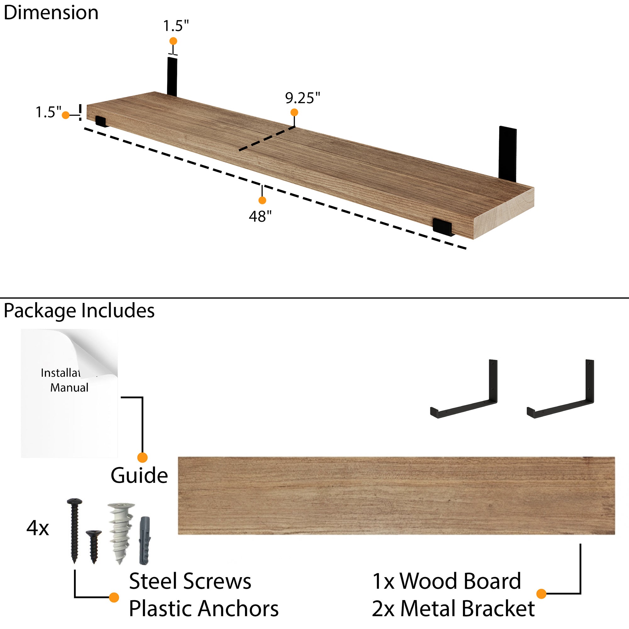 Dimension and package overview showing 48" length, 9.25" depth, and 1.5" thickness. Includes 1 wood board, 2 metal brackets, screws, anchors, and installation guide.