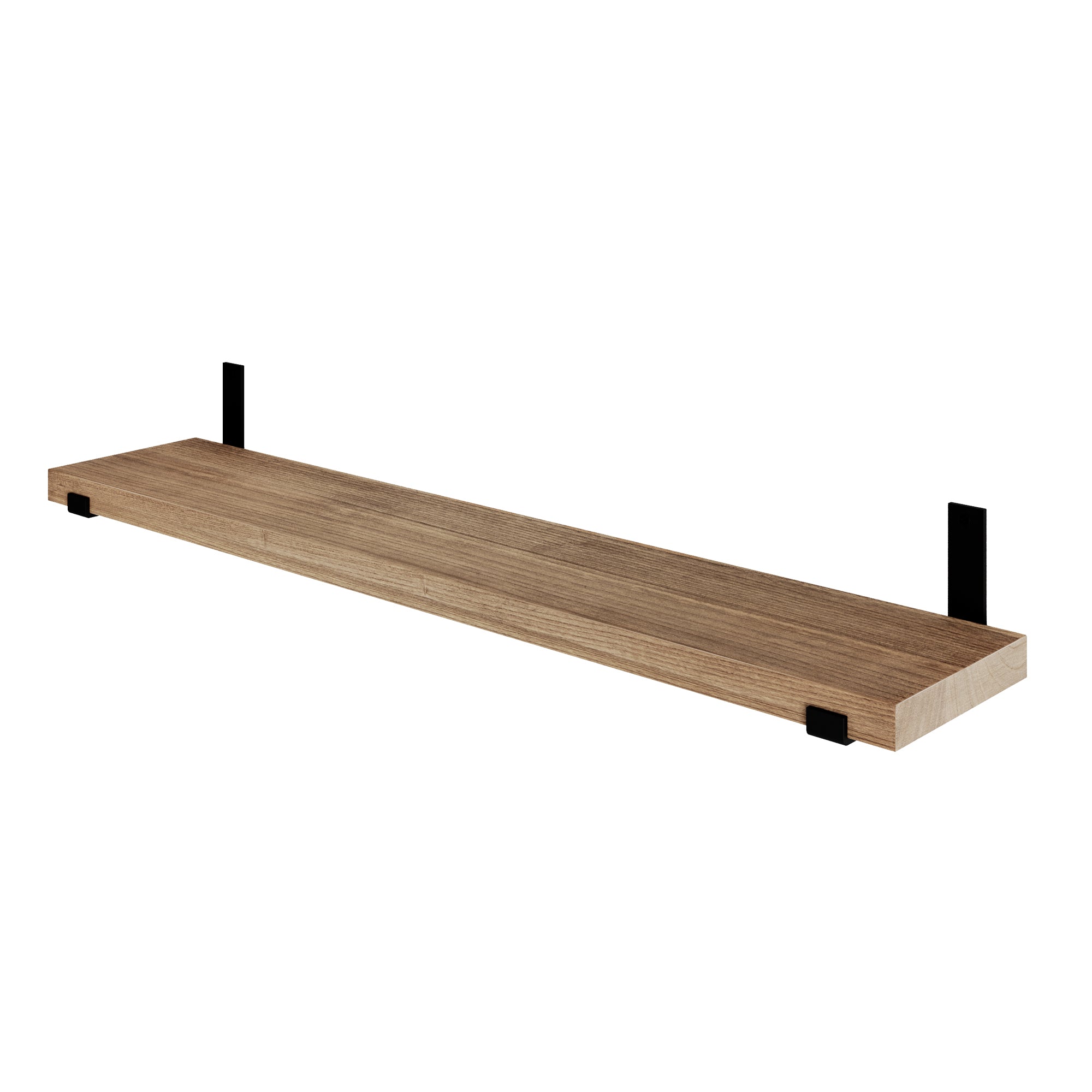 A 48 inch long rustic shelf with hidden black brackets, shown on a white background to emphasize structure, thickness, and finish.