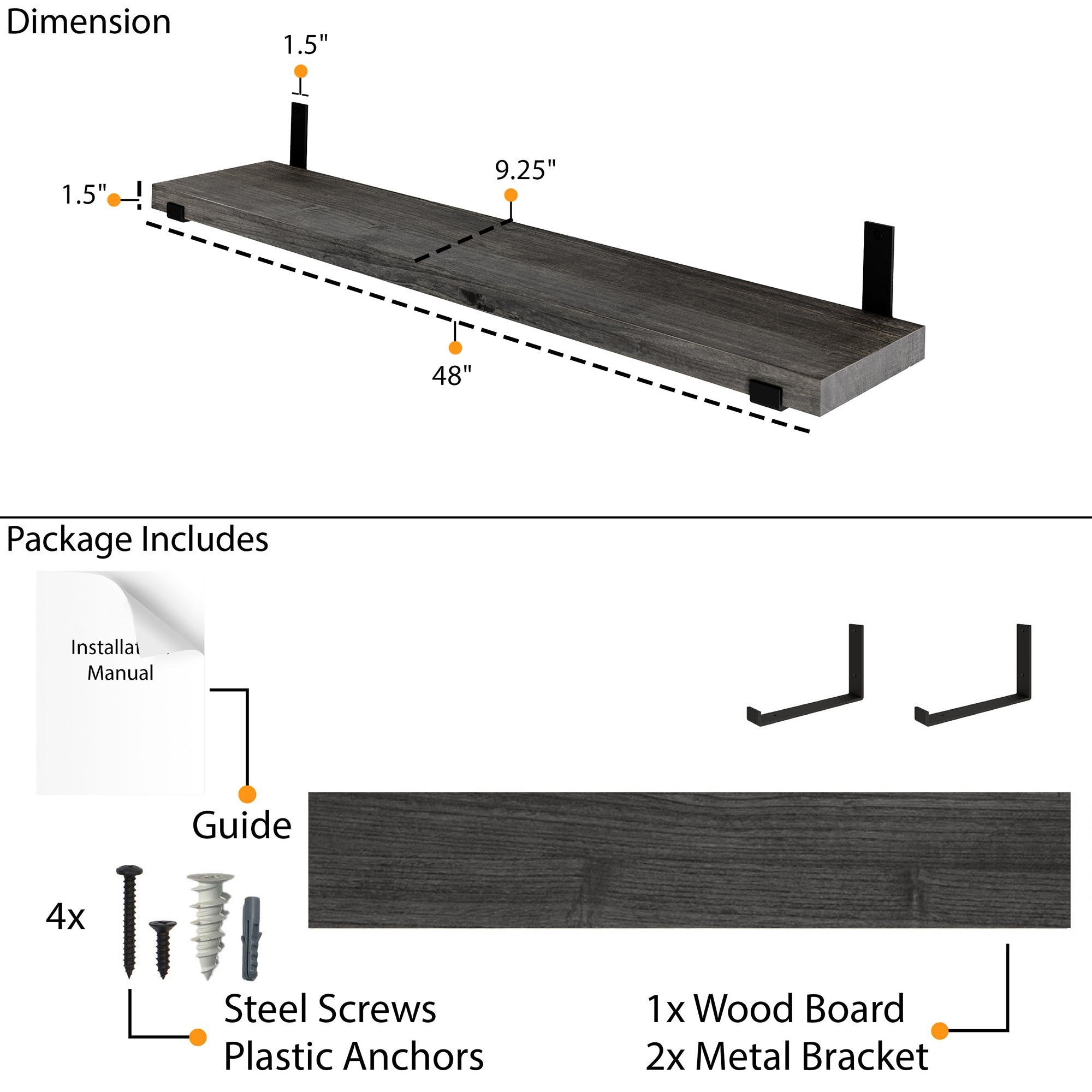 Dimension and package overview showing 48" length, 9.25" depth, and 1.5" thickness. Includes 1 wood board, 2 metal brackets, screws, anchors, and installation guide.