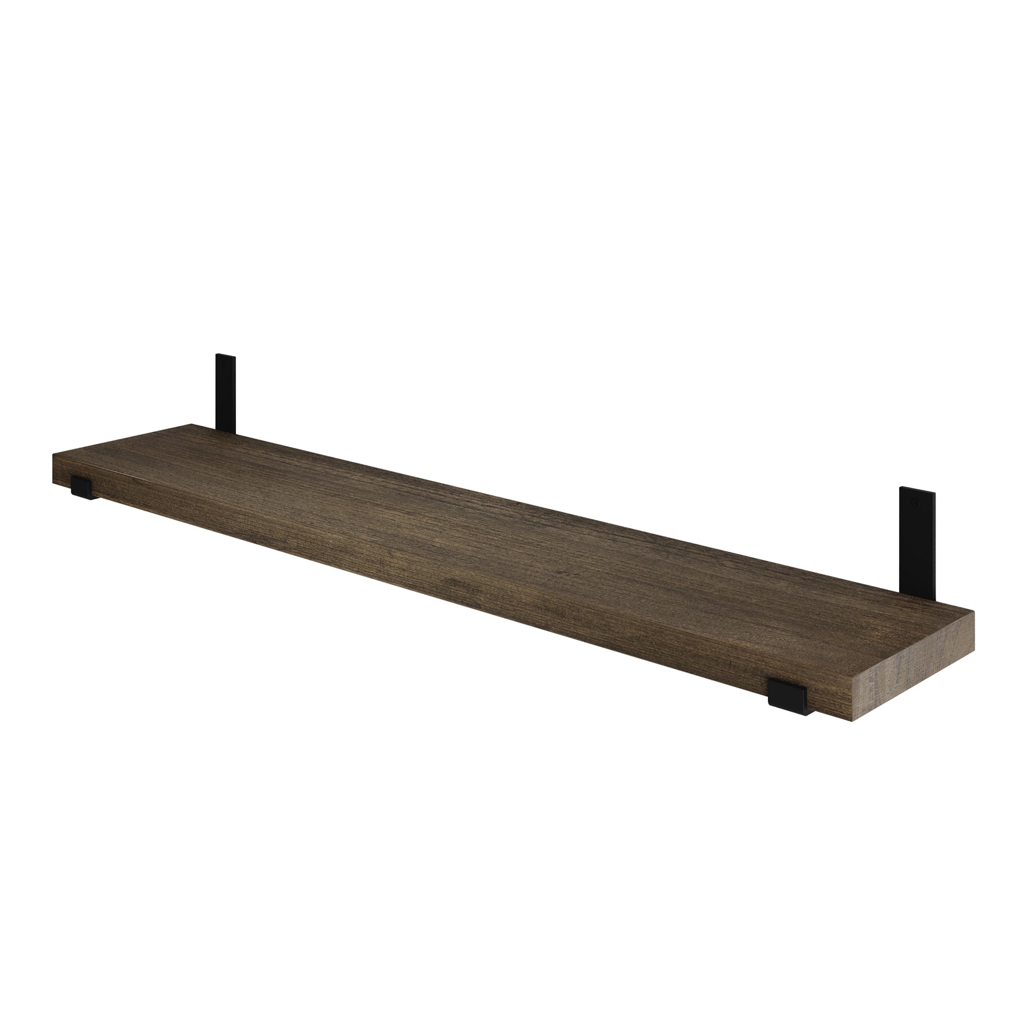 Dark walnut floating shelf on a clean white background. Features thick wood board and sturdy black metal brackets, highlighting minimalist design and strong structure.