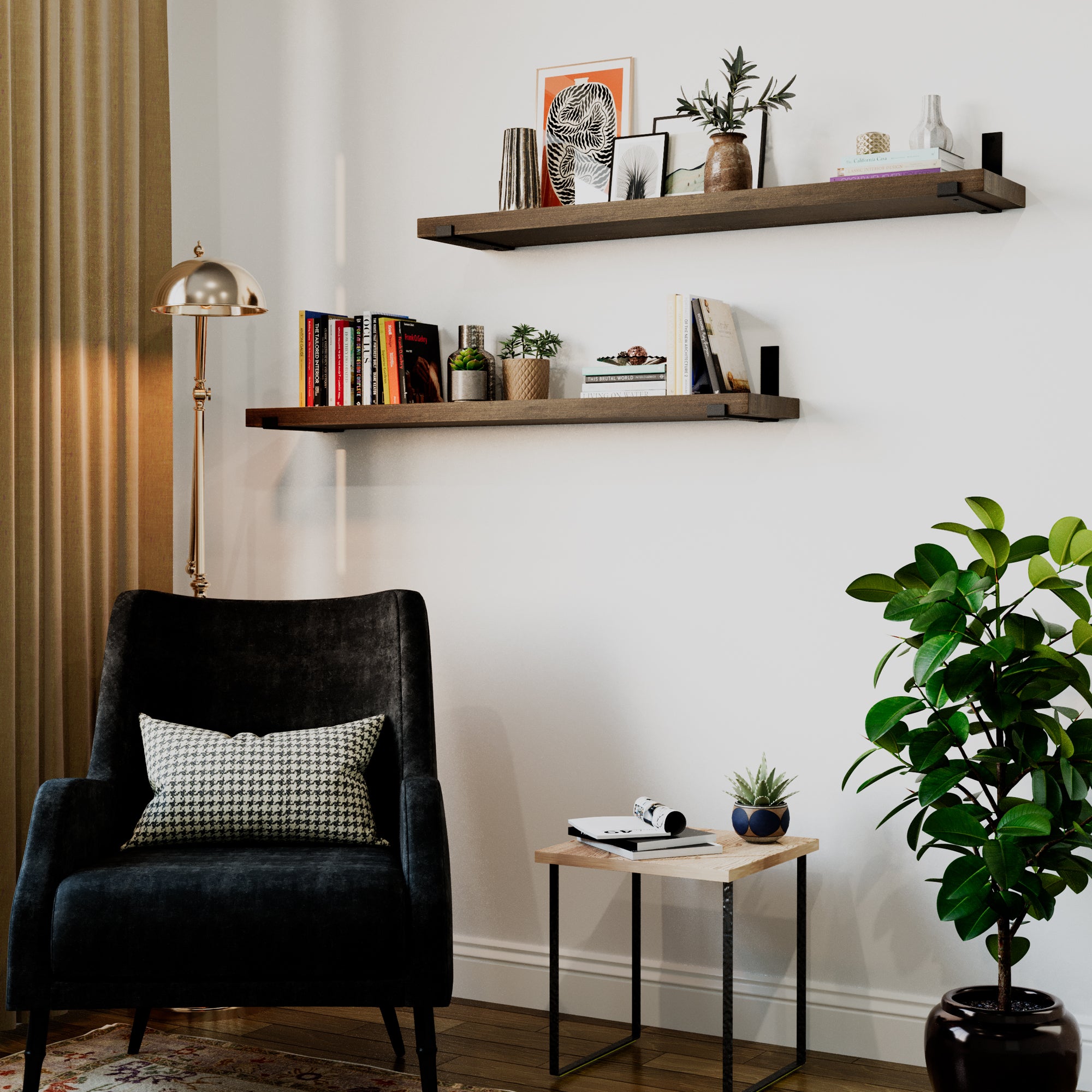 Two dark walnut real wood shelves styled in a cozy living room above a chair. Decorated with books, plants, and frames, showcasing modern wall storage and decorative functionality.