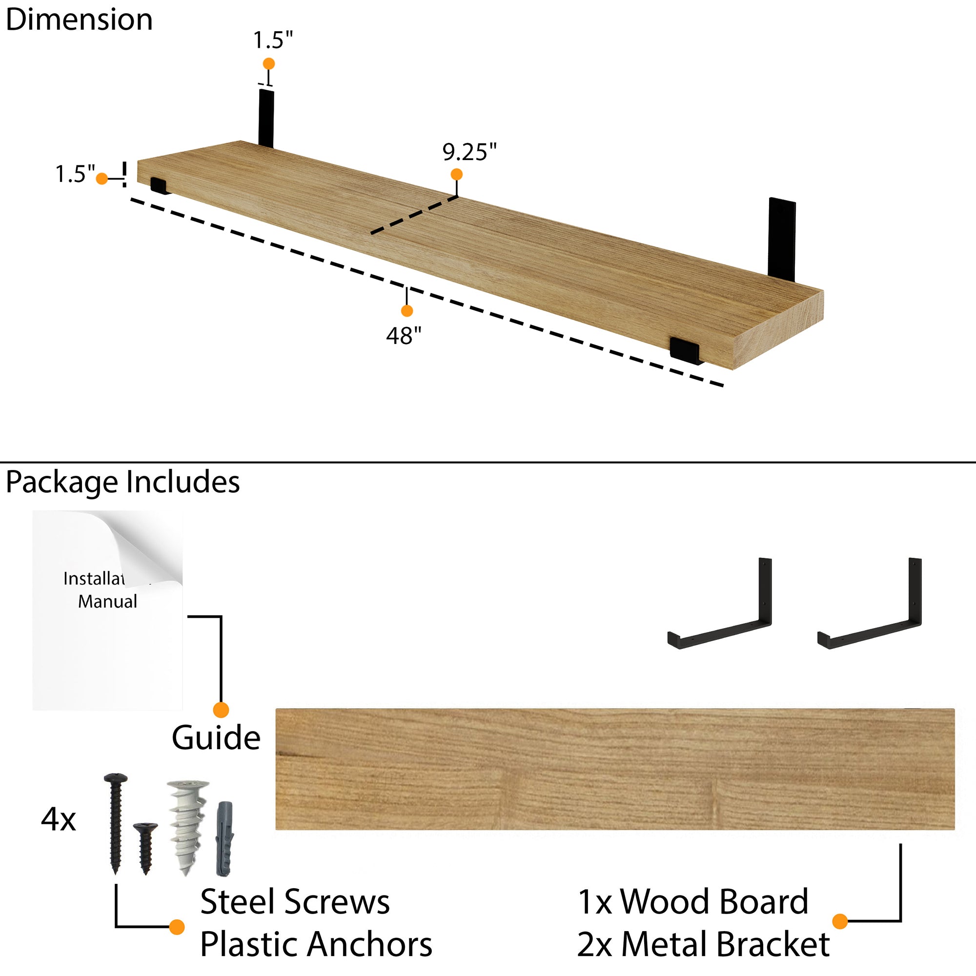 Dimension and package overview showing 48" length, 9.25" depth, and 1.5" thickness. Includes 1 wood board, 2 metal brackets, screws, anchors, and installation guide.