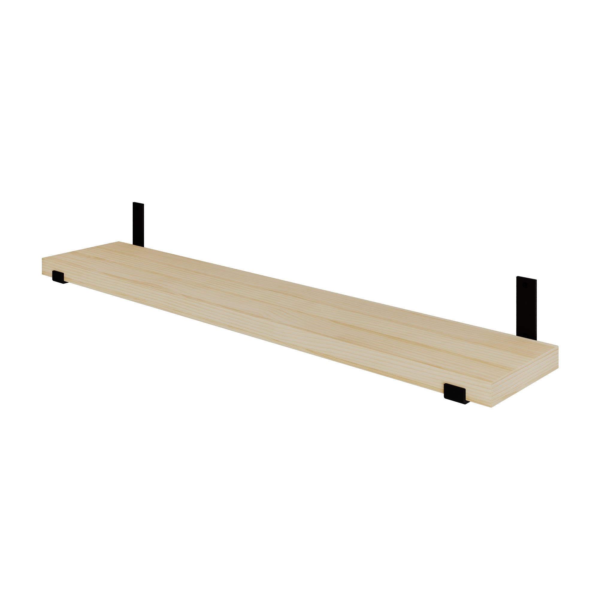 Natural wood floating shelf on a white background with black metal brackets. Clean product view highlights light wood grain, thickness, and sturdy wall-mount design.