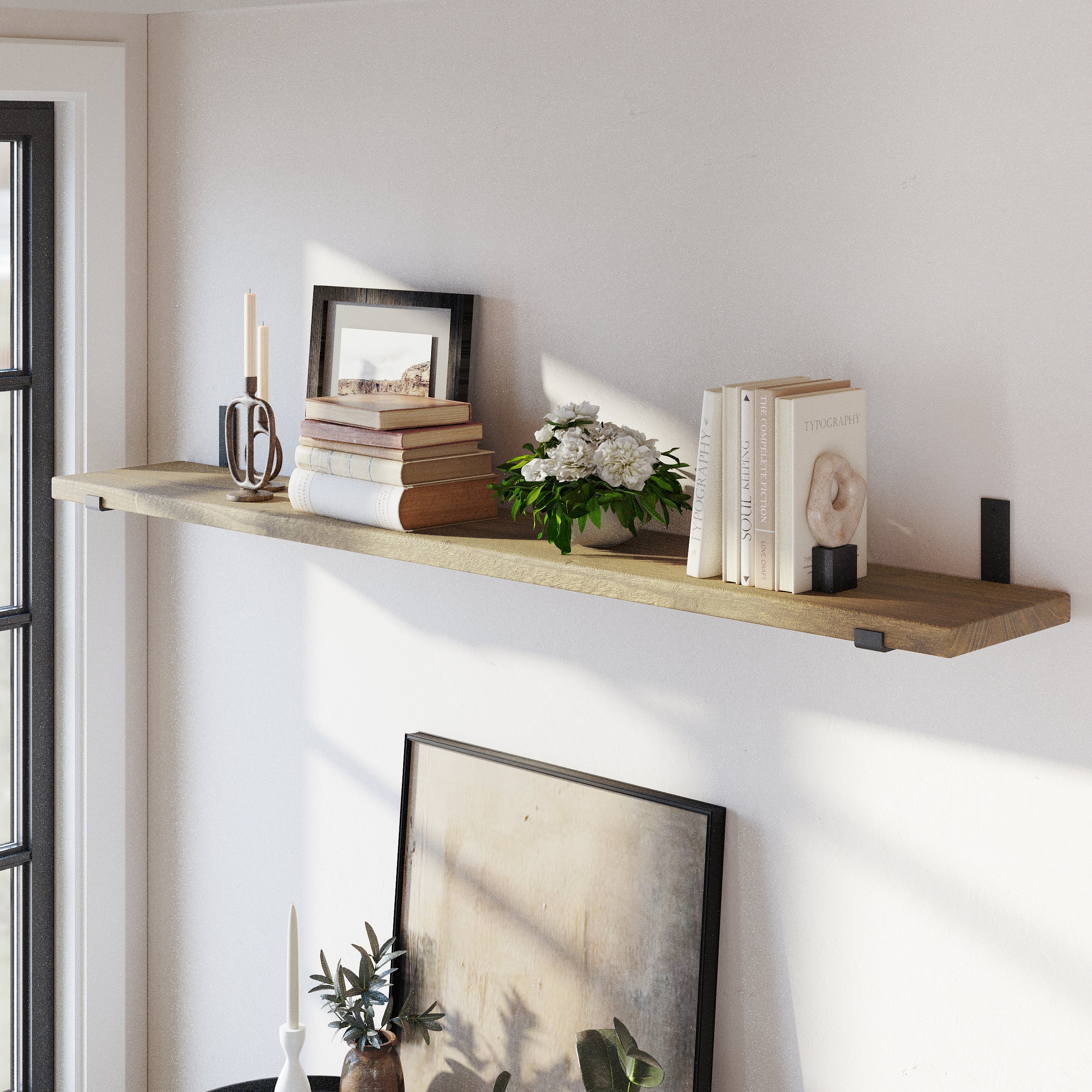 A stylish real wood rustic shelf with Golden Oak finish provides spacious wall-mounted storage for books, framed artwork, candles, and plants. Hanging shelf hardware delivers strength with timeless farmhouse appeal.