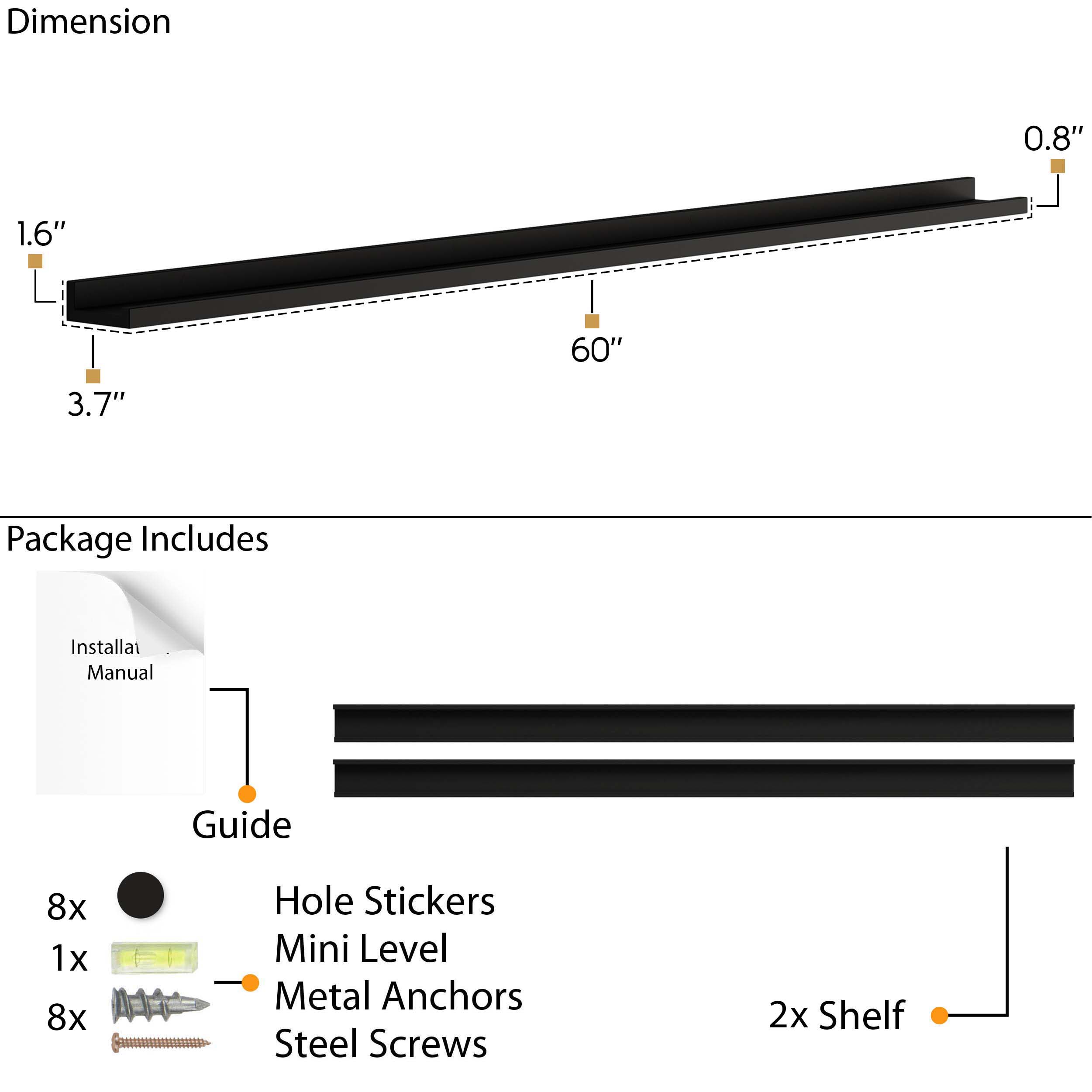 Technical specifications of a 60" wall shelf black color, including dimensions and installation materials.