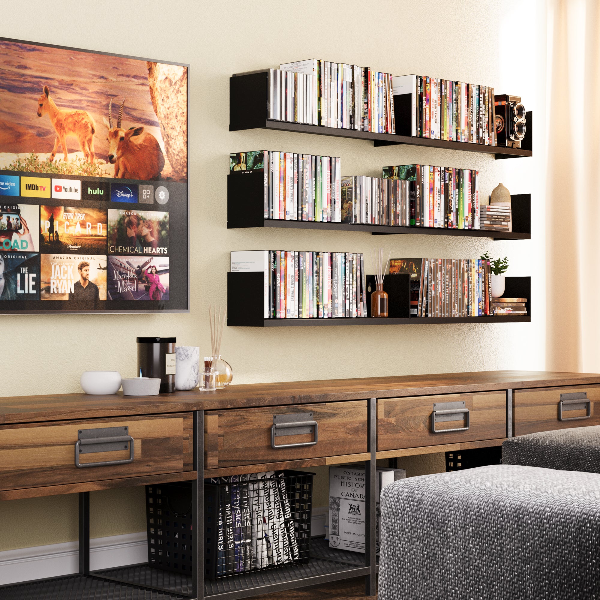 Entertainment room with wall-mounted black shelves displaying DVDs and decor, enhancing the area’s functionality and aesthetic appeal for media storage.