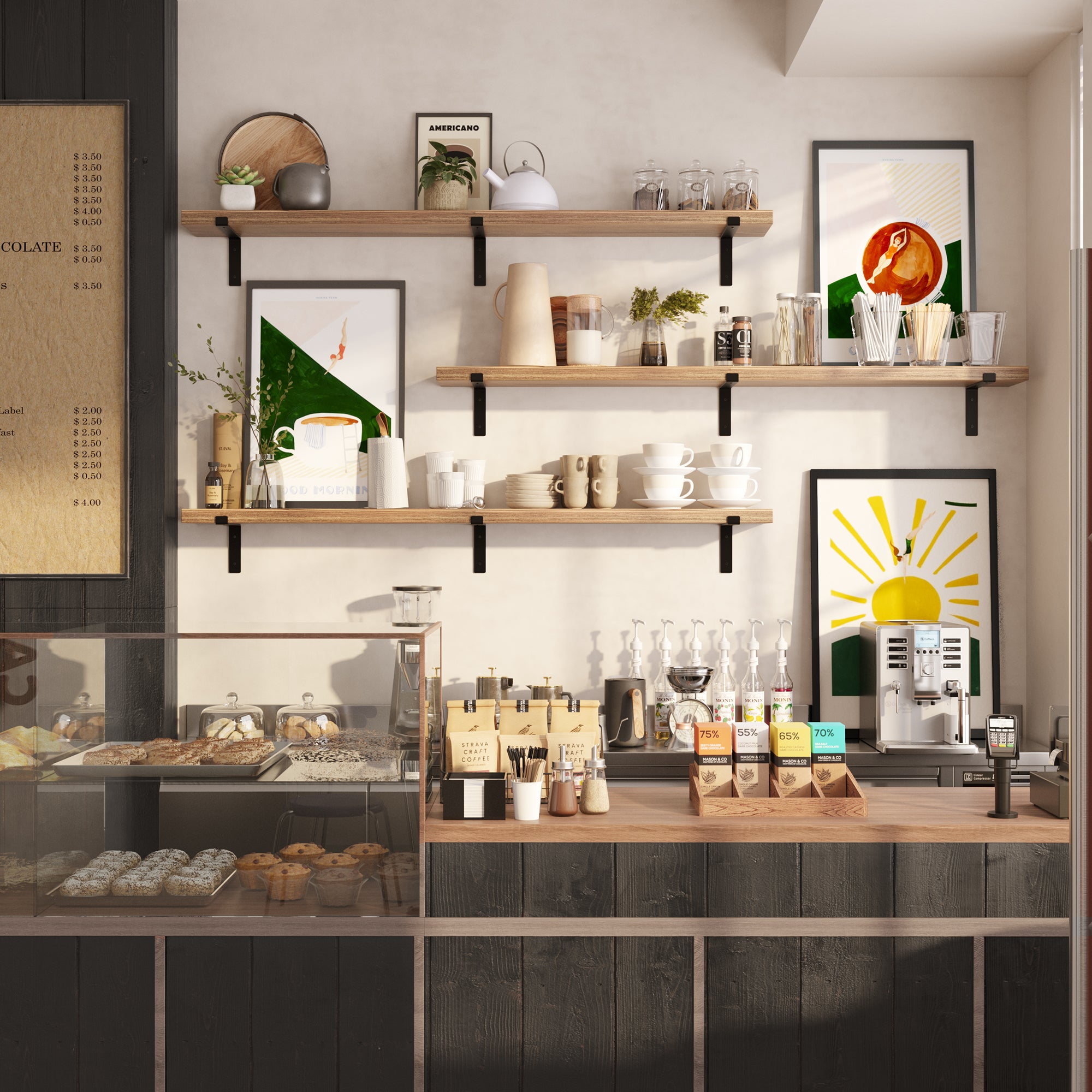 A café setting with three coffee bar shelves and black brackets displaying coffee essentials, glassware, and decorative art. A sleek counter with pastries, syrup dispensers, and a coffee machine completes the inviting atmosphere.