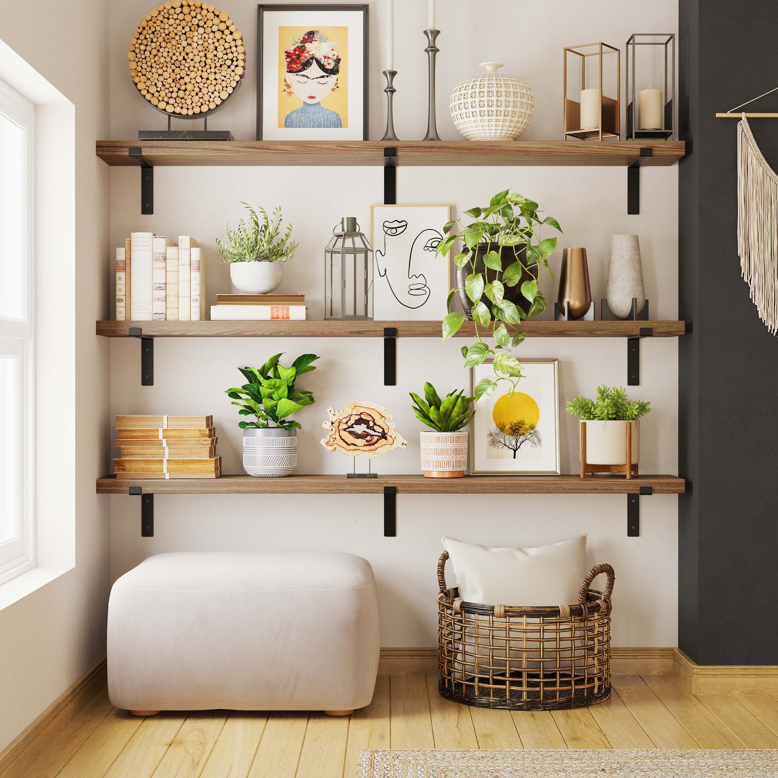 Three rustic display shelves with black brackets filled with lush green plants, books, and artistic décor. A white ottoman and woven basket add softness, while natural light enhances the vibrant aesthetic.
