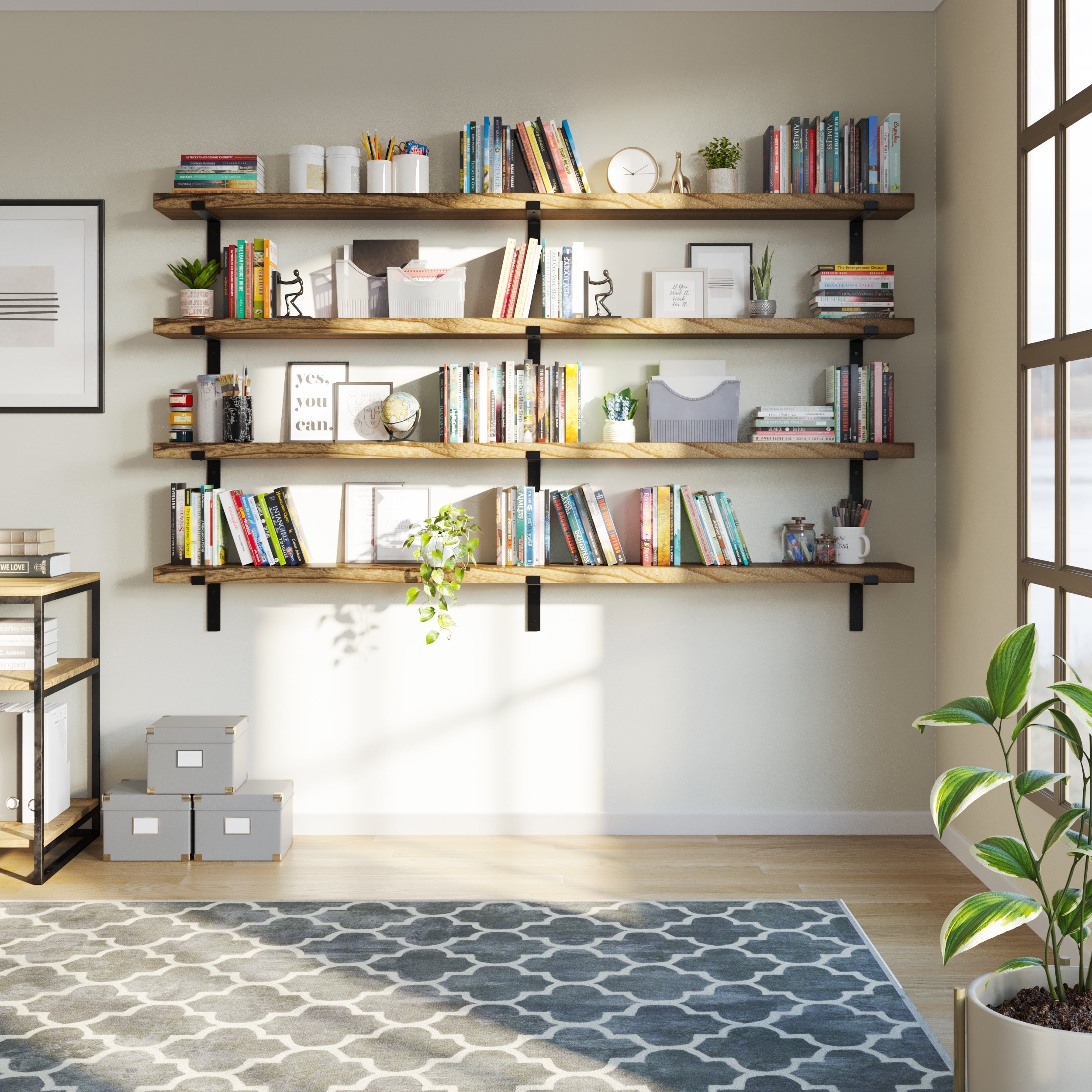 84 inch long wall mounted rustic shelves in a home office, packed with books, decor, and storage boxes, maximizing storage and aesthetics.