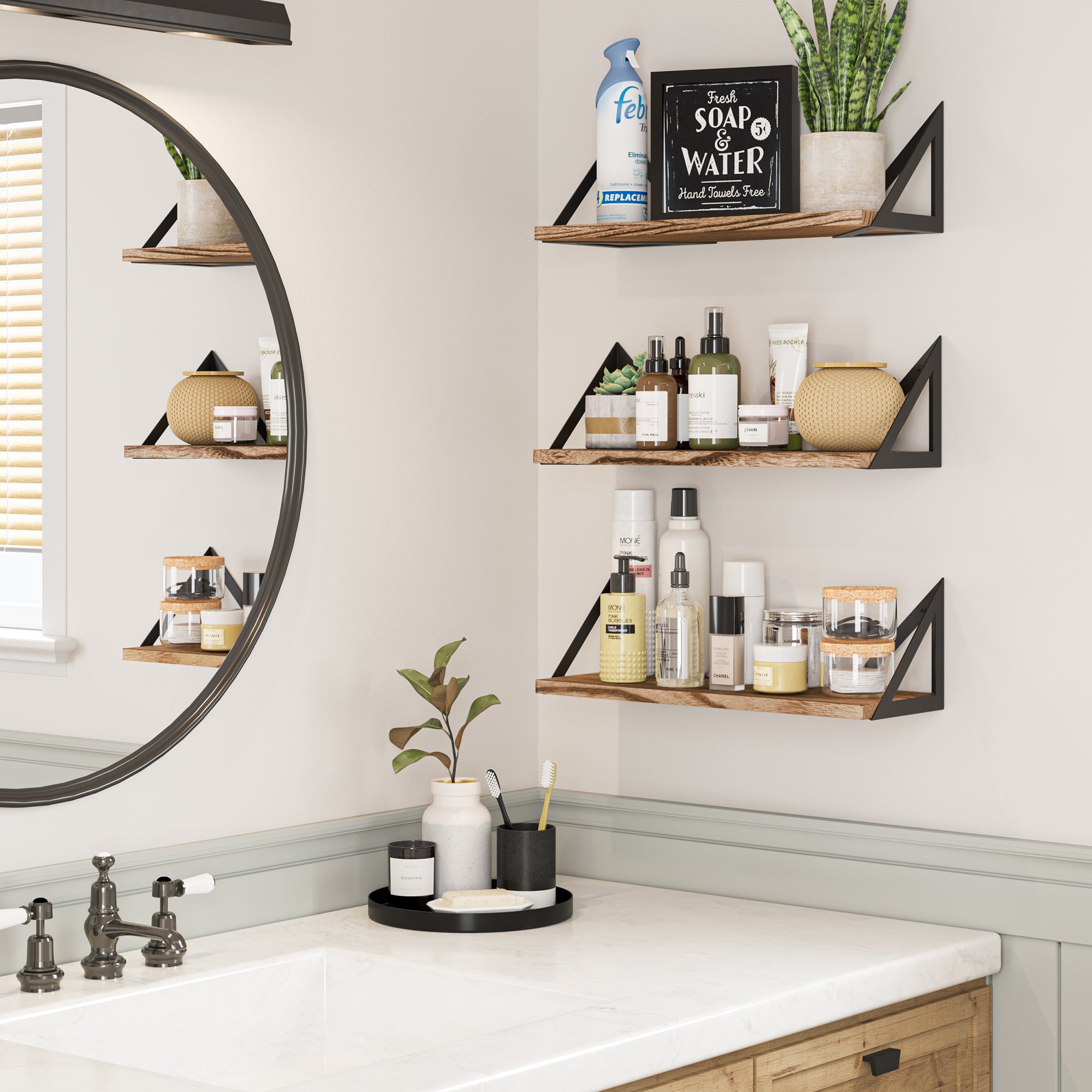 Bathroom with floating shelves supported by triangular black metal brackets, perfect for organizing toiletries.