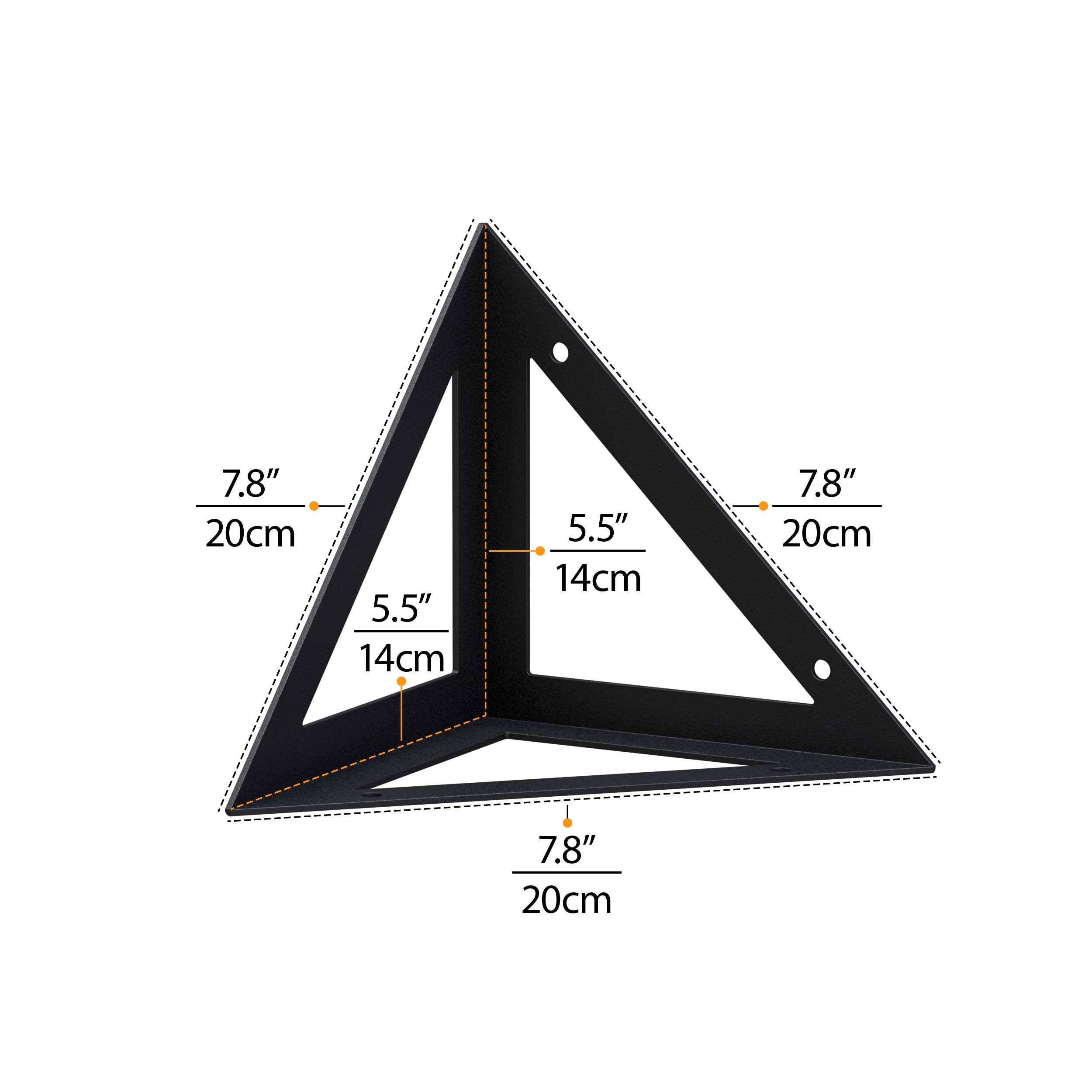 Black metal triangular shelf bracket with dimensions 7.8"x5.5", perfect for unique wall shelves.